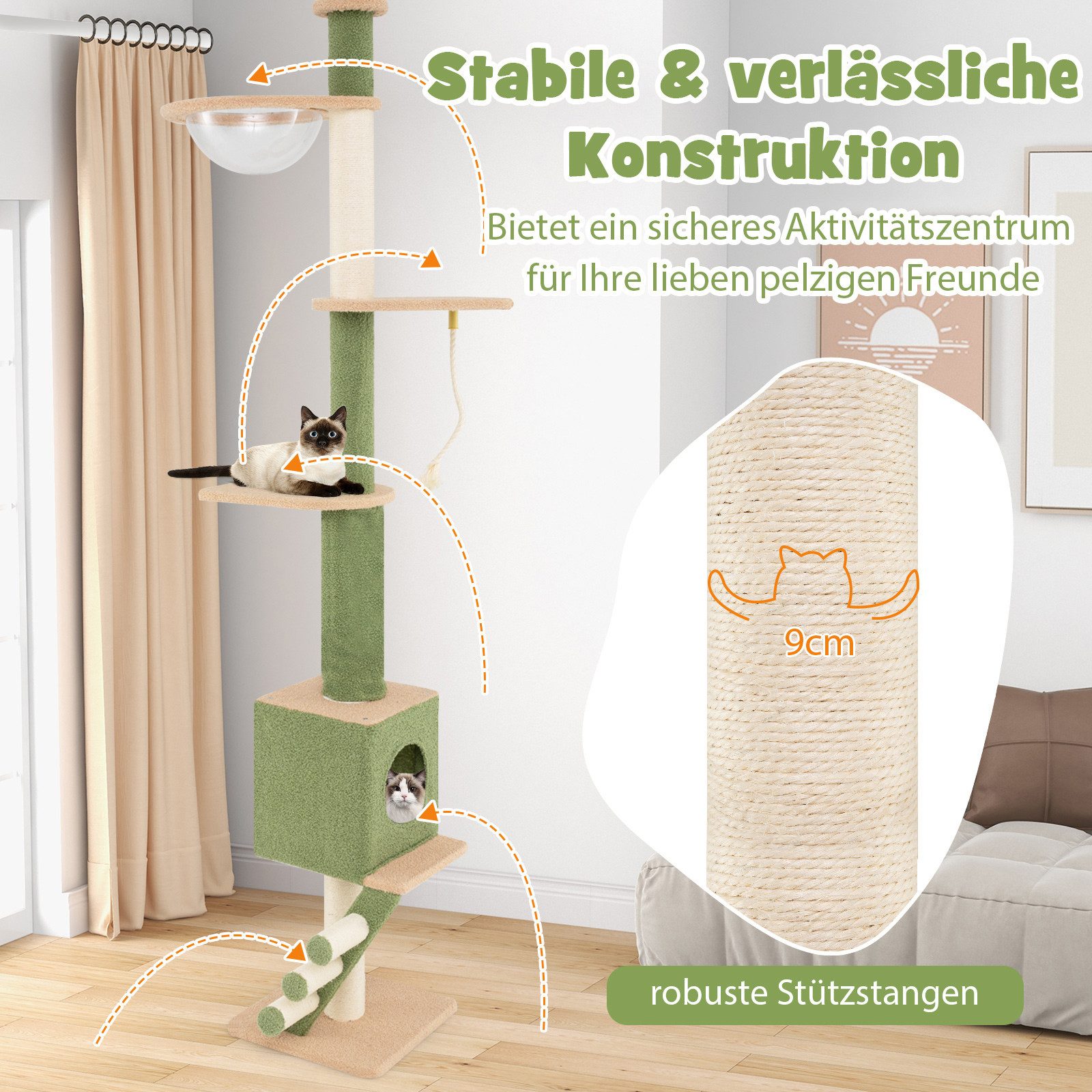 COSTWAY Kratzbaum, deckenhoch, höhenverstellbar, mit Höhle & Kratzsäulen