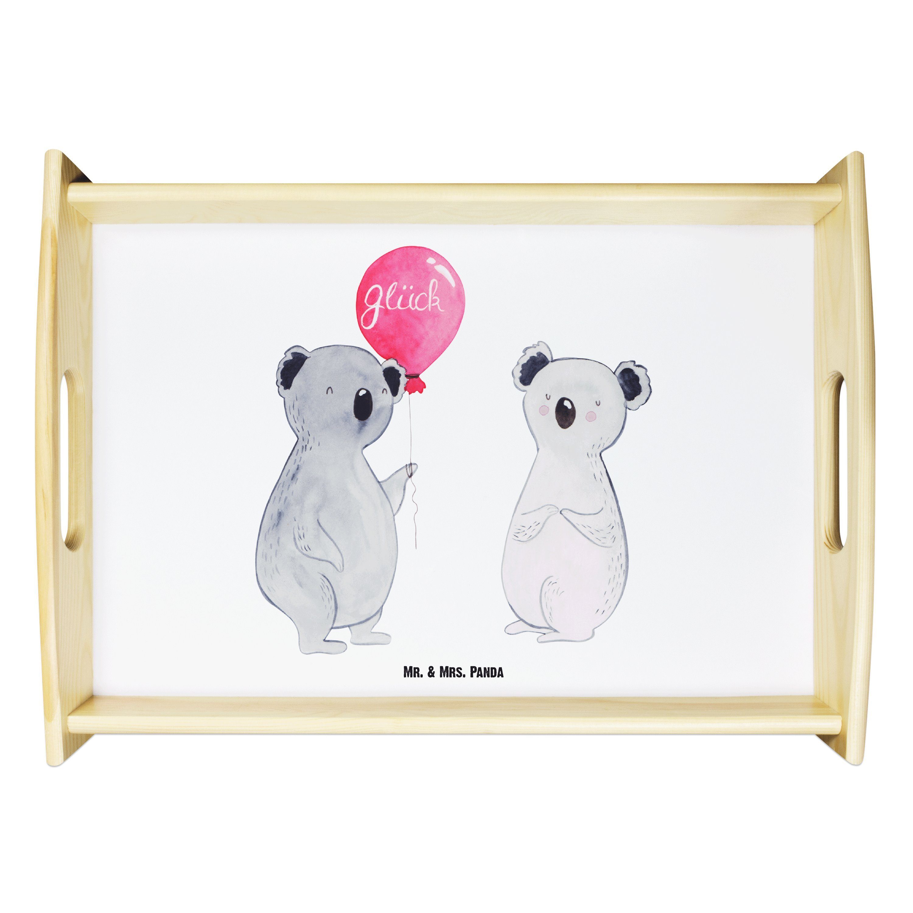 Mr. & Mrs. Panda Tablett Koala Luftballon - Weiß - Geschenk, Tablett, Dekotablett, Holztablett, Echtholz lasiert, (1-tlg)