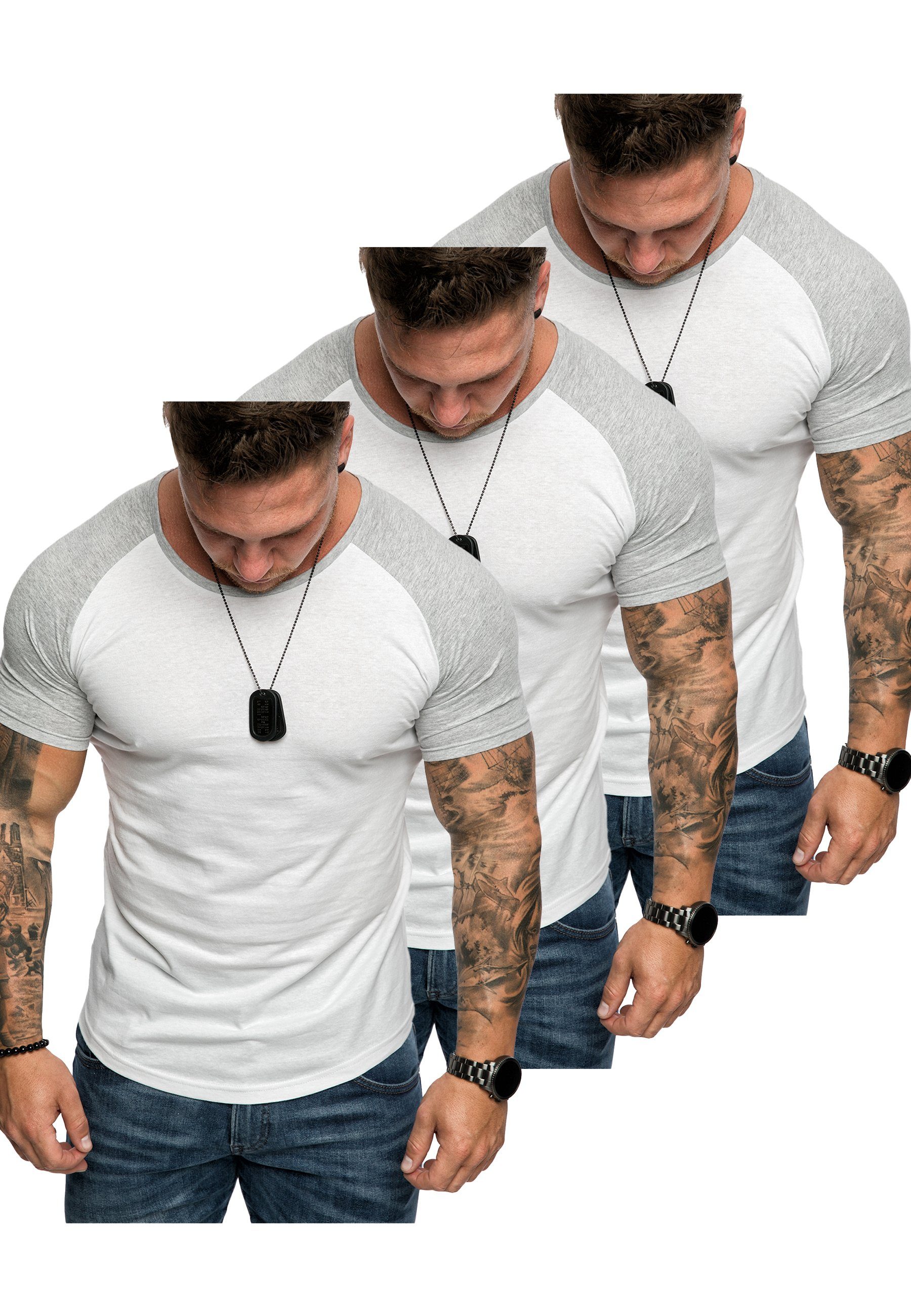 Oversize 3er-Pack Kontrast (3er-Pack) OMAHA Herren T-Shirt (3x Weiß/Grau) T-Shirts 3. Amaci&Sons Basic Raglan T-Shirt