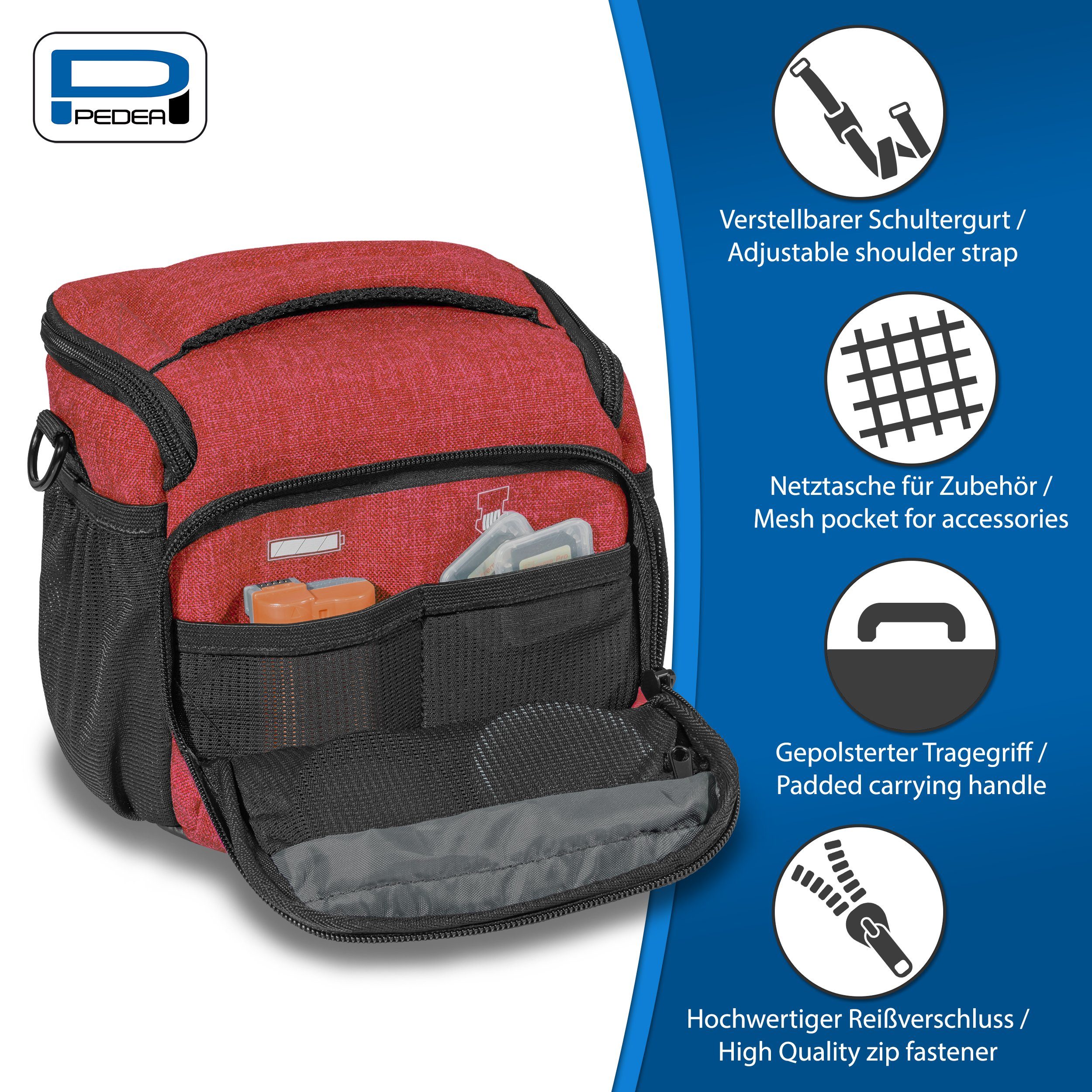 PEDEA Kameratasche FASHION L Fototasche gepolstert, mit Gurt und Zubehörfächer, Größe L / Regenschutz, Schultergurt, Zubehörfächer
