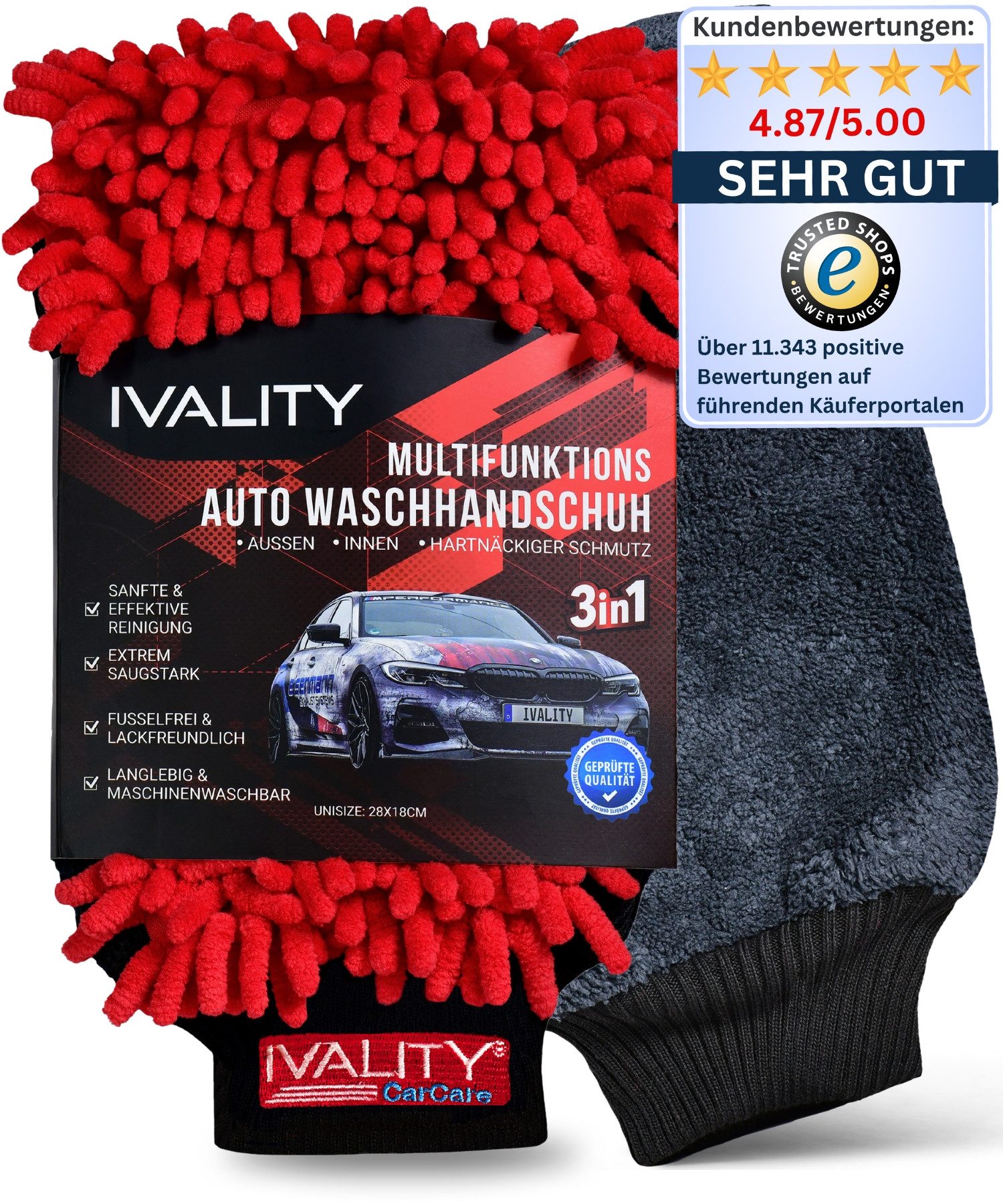 IVALITY Waschhandschuh Premium Mikrofaser für die Auto Reinigung, Lackschonend & saugstark, (3in1 Waschhandschuh, 1-St), 3-Seiten gegen Schmutz und Insekten