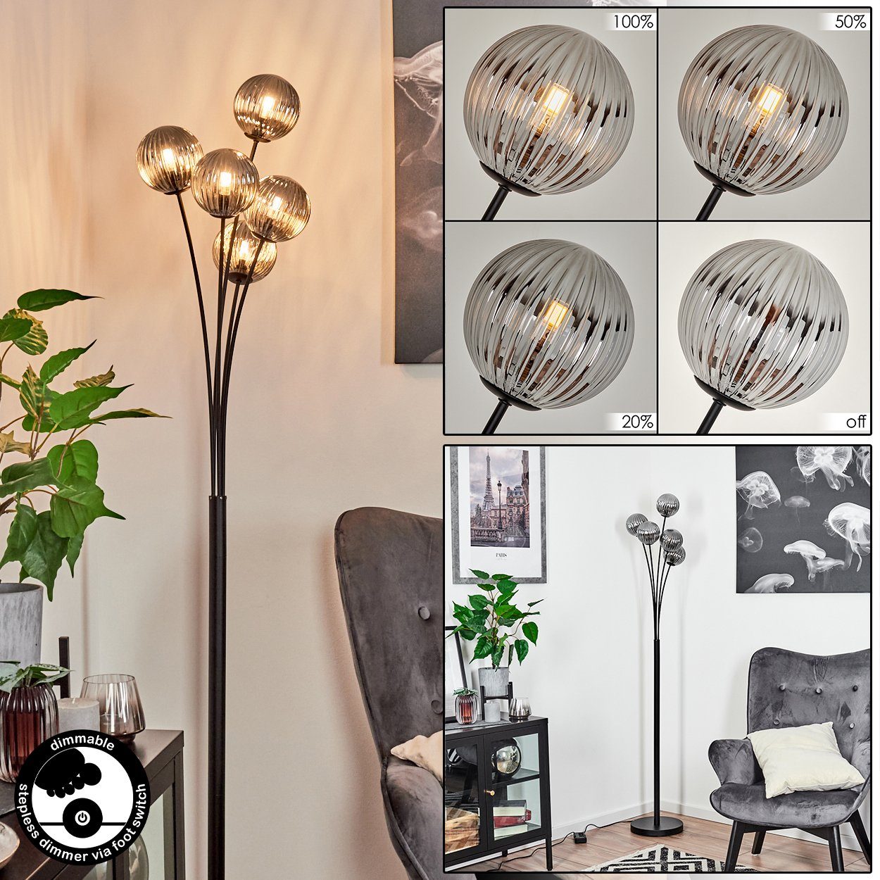 hofstein Stehlampe dimmbare Stehlampe aus Metall/Glas in Schwarz/Rauchfarben/Riffelglas, ohne Leuchtmittel, Standleuchte Glaskugeln Ø12cm, dimmbar, 5xG9, ohne Leuchtmittel
