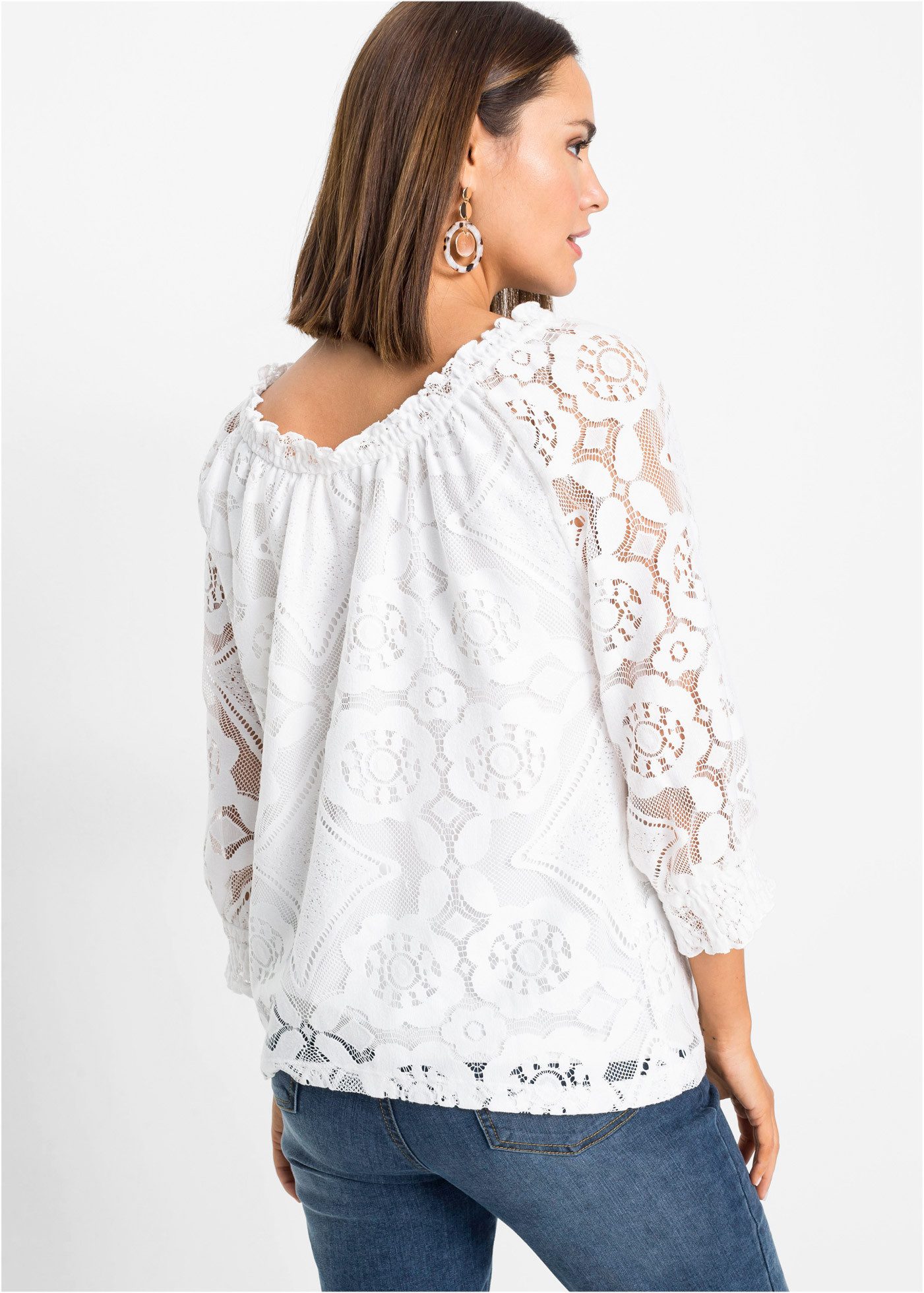 bonprix Carmenshirt bequeme Passform, 3/4-Ärmel, mit Spitze im Lagen-Look