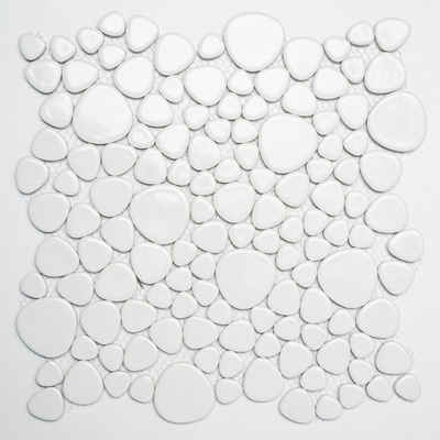 Mosani Mosaikfliesen Kieselmosaik Pebbles Keramikdrops weiß glänzend Fliesenspiegel