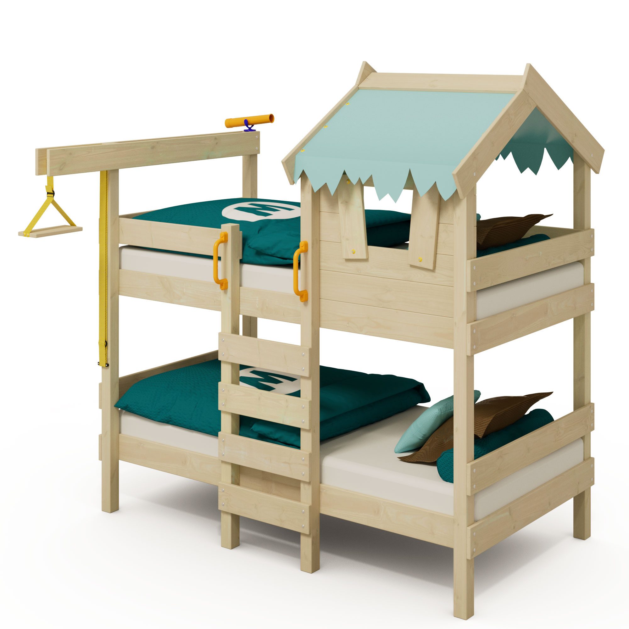 Wickey Kinderbett CrAzY Huggy 90x200 cm – Hochbett mit Rutsche aus Holz – Abenteuerbett (Etagenbett mit Kletterleiter für Kinder), Massivholz