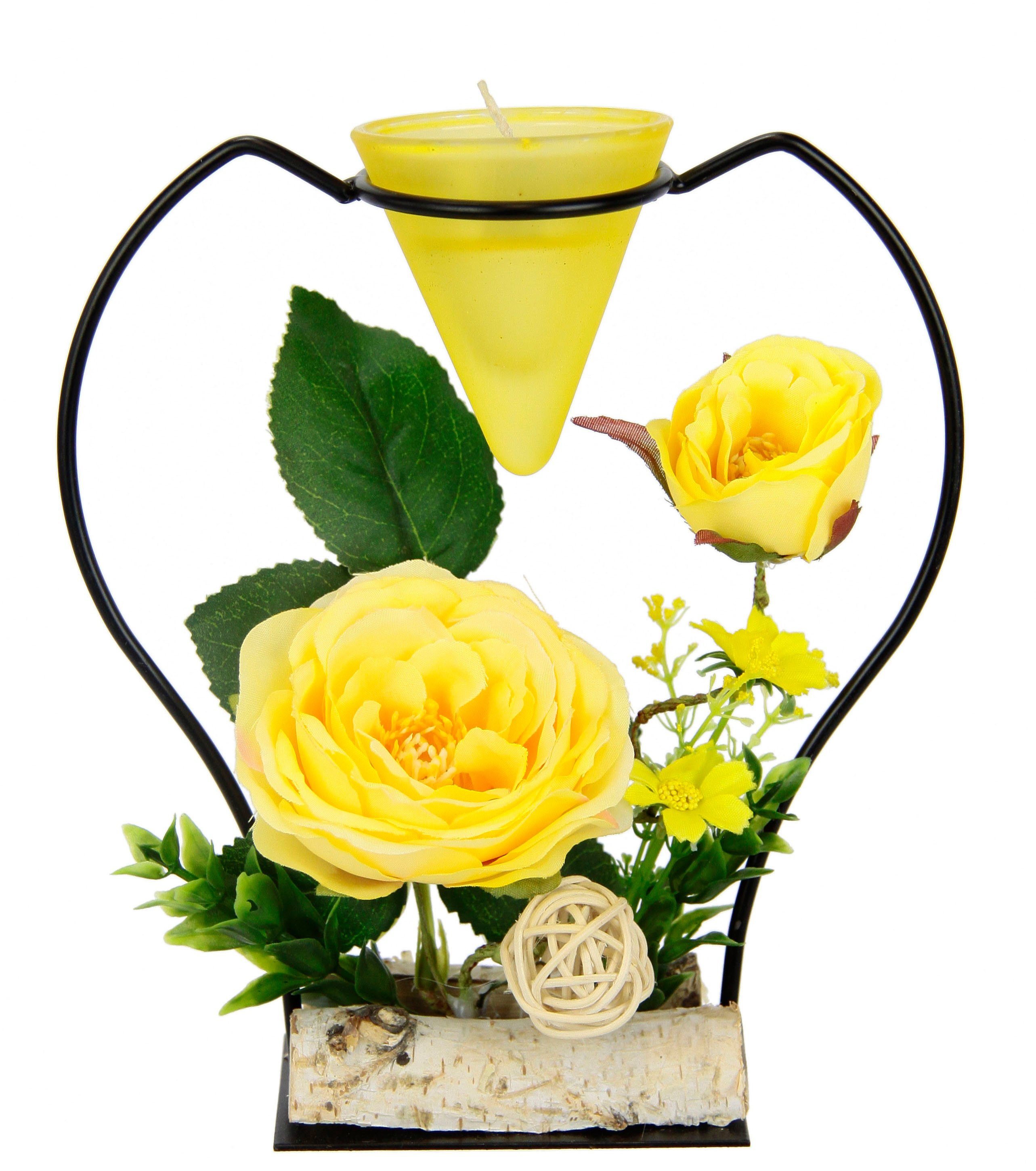 Teelichthalter Advent Teelichtkerze Kunstblumen Kerzenständer Rose, I.GE.A. 3D Metall Glaseinsatz