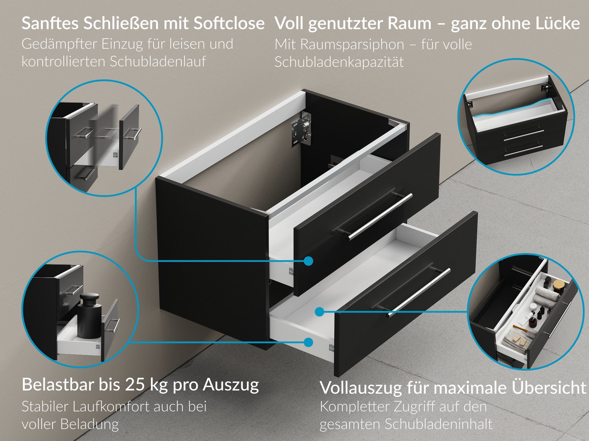 Aqua Bagno Badmöbel-Set Aqua Bagno Flex Badmöbel 160 cm Schwarz mit Doppelwaschbecken, (5-St., Badmöbelschrank mit Trägerplatte, Waschbecken), einfache Montage