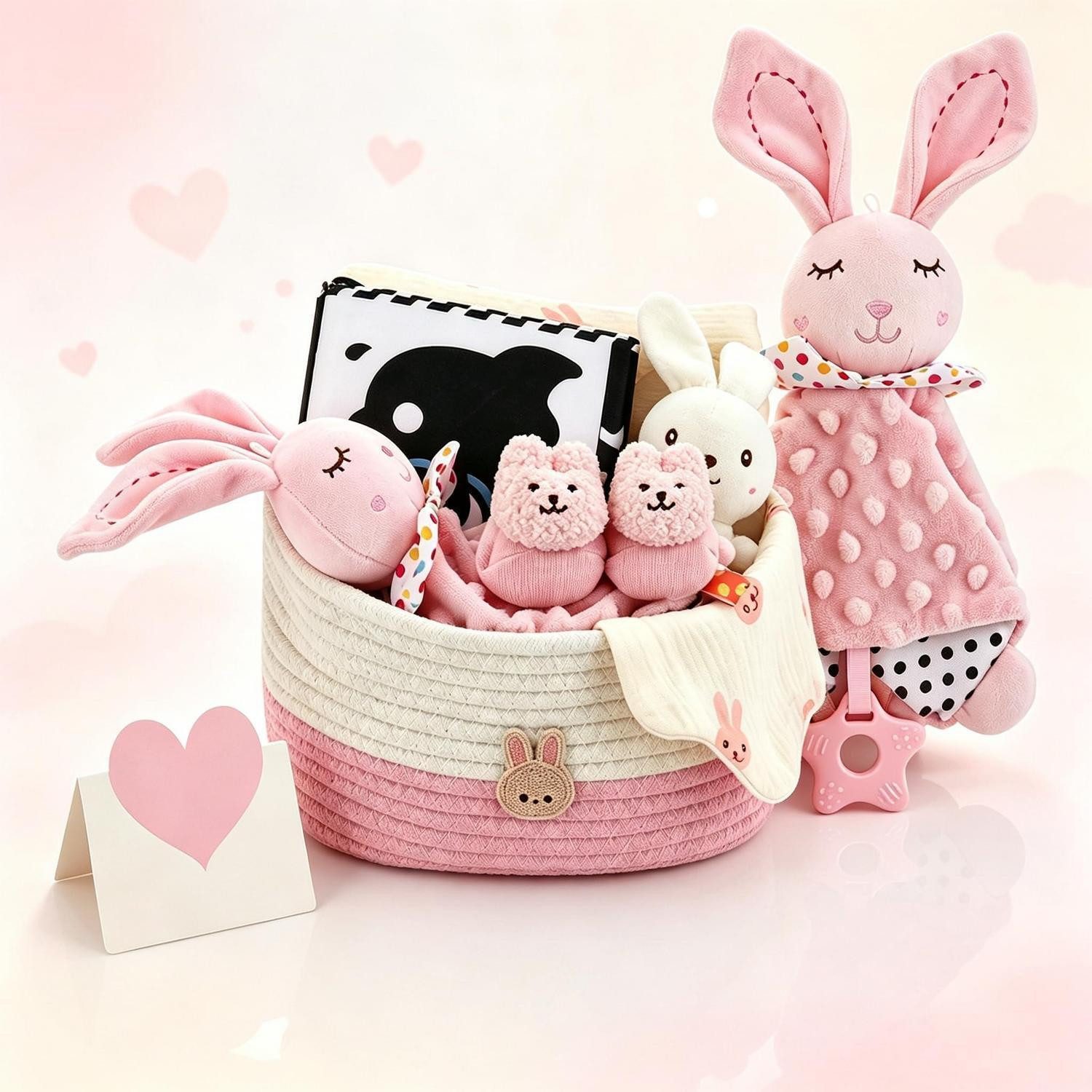 LuxusKollektion Geschenkbox Baby Geschenkset 9-teilig Hase Baumwollkorb