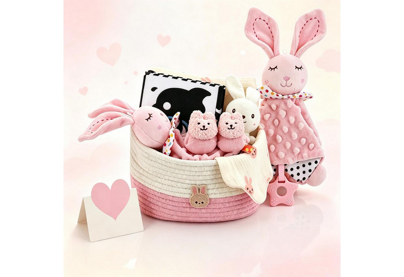 LuxusKollektion Geschenkbox Baby Geschenkset 9-teilig Hase Baumwollkorb