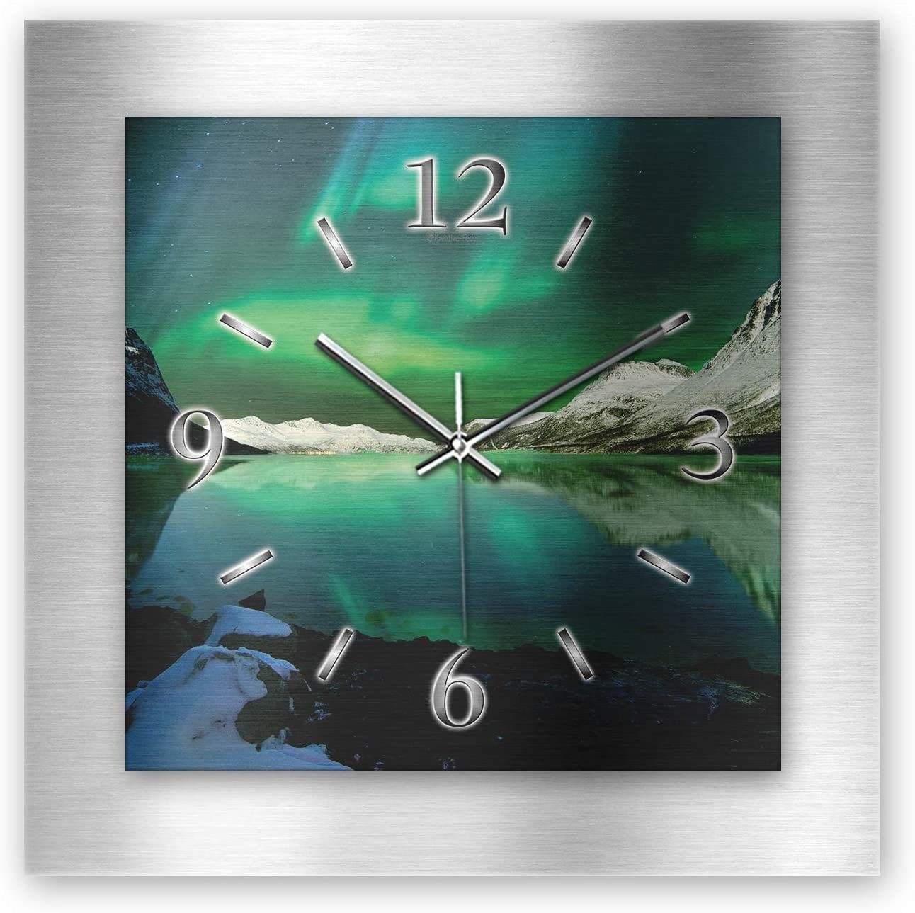 Kreative Feder Wanduhr 3D Designer-Wanduhr „Nordlichter“ aus gebürstetem Aluminium (3D-Wölbung; einzigartiges Zwei-Platten-Design; flüsterleises Uhrwerk)