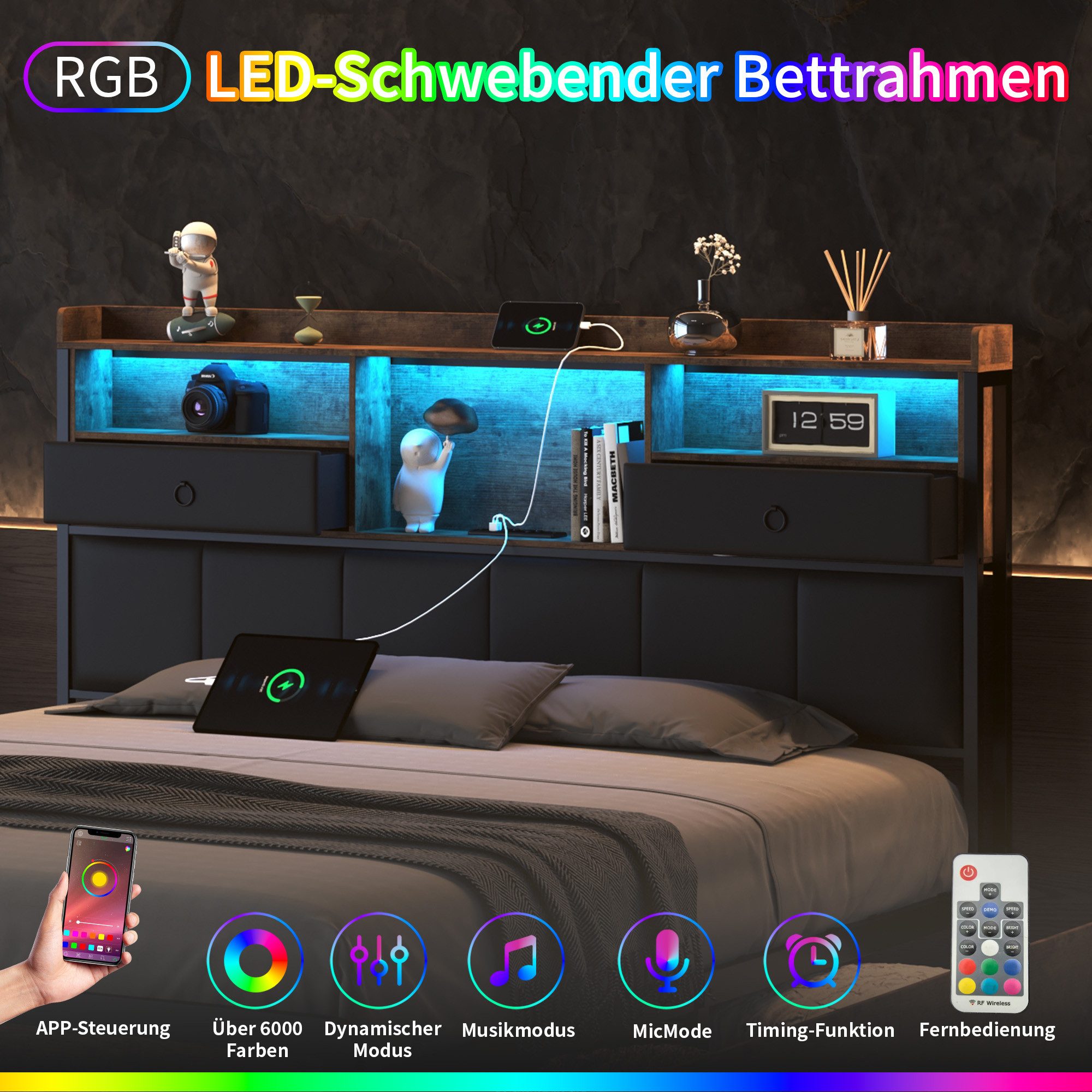 FUROKOY Polsterbett Doppelbett,Bettgestell mit LED Kopfteil günstig online kaufen