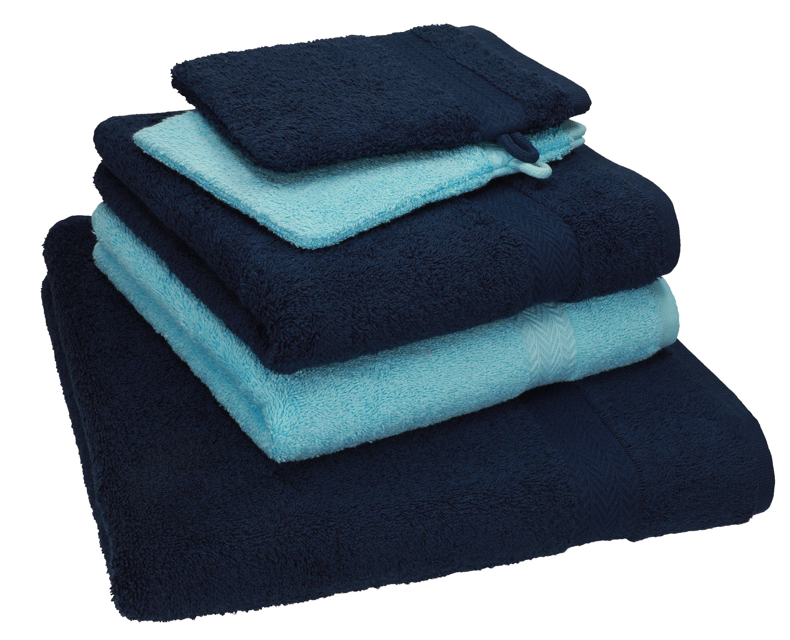 Duschtuch Baumwolle 5 Handtuch 2 1 Set dunkelblau-türkis Waschhandschuhe, 2 Baumwolle Handtücher Handtuch Set TLG. 100% Single 100% Pack Betz