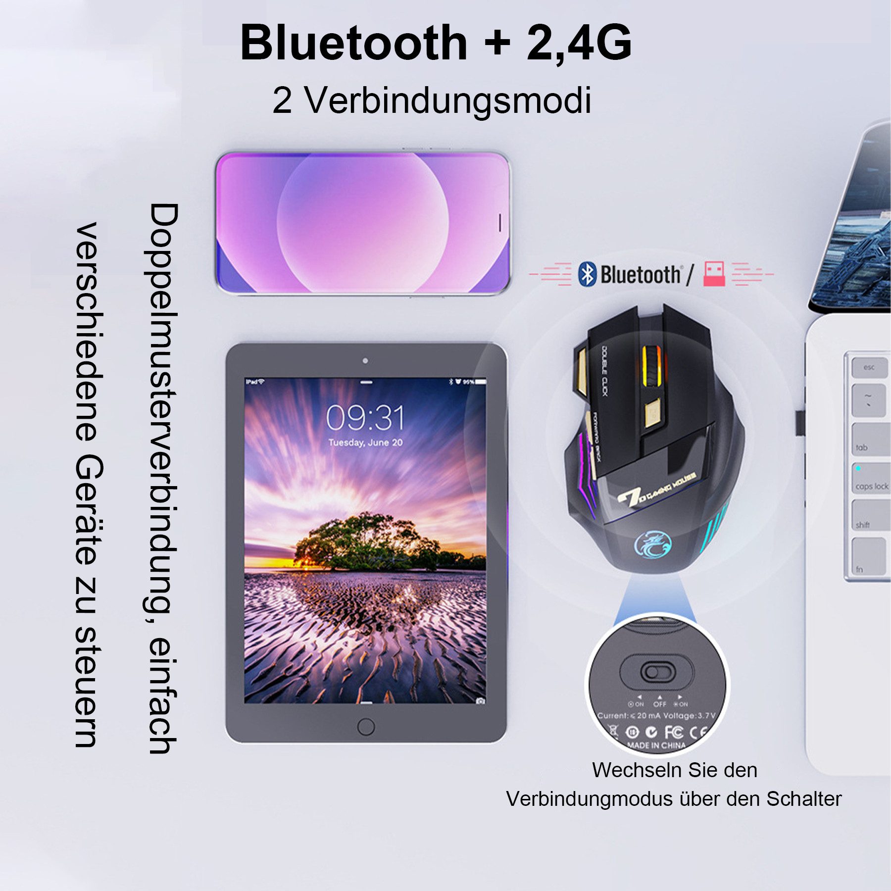 Senmudi Maus Kabellos,USB Wireless Bluetooth Maus, 2,4 GHz Wireless Gamer Maus Maus (Mäuse leises Klicken, 3200 DPI 7 Tasten RGB Gaming Mouse, Wiederaufladbare LED-Dual-Modus Mouse für PC/Mac/Laptop)