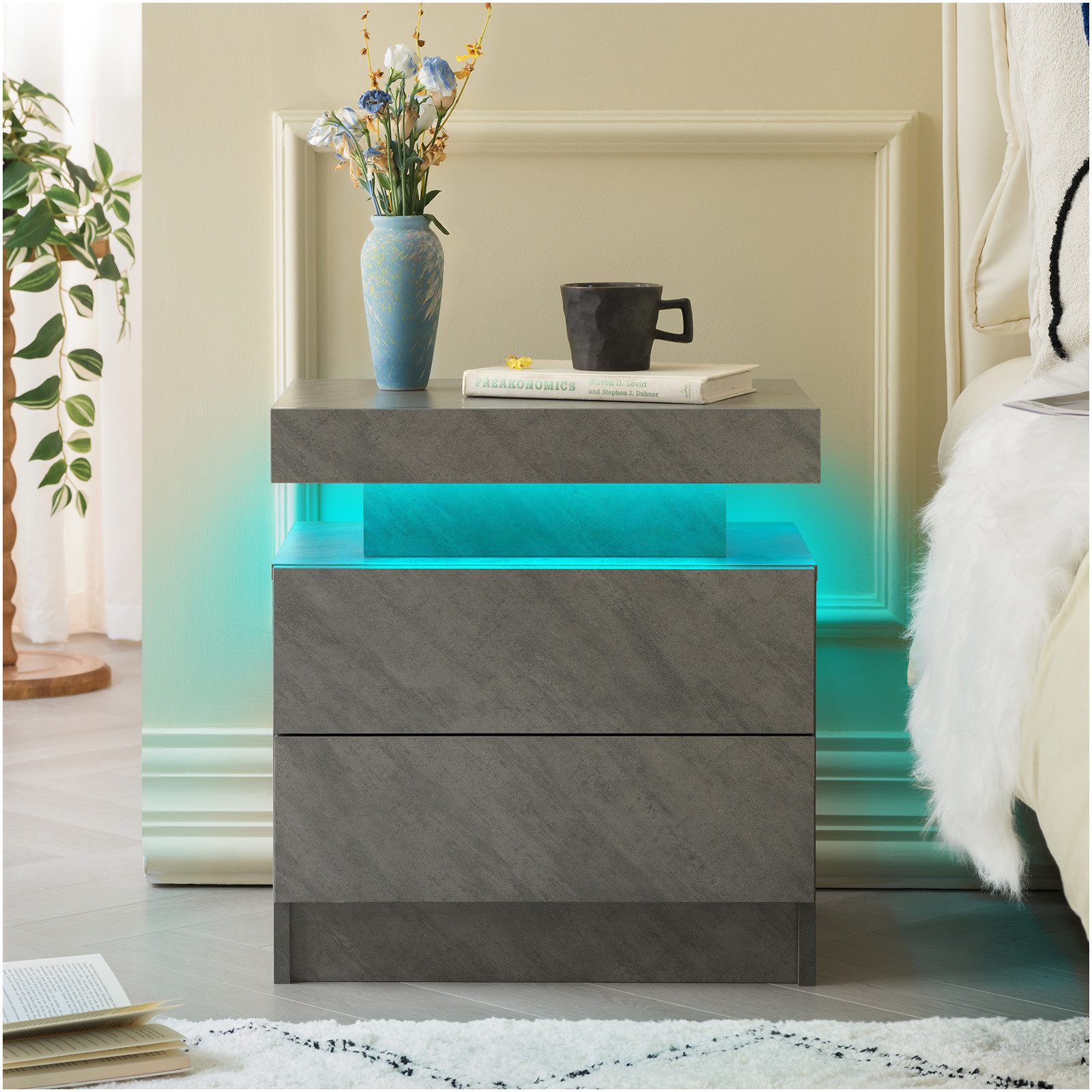 REDOM Nachttisch Nightstand Kommode Beistelltisch Nachtkonsole (LED Nachttisch mit 2 Schubladen, einstellbare multicolor LED-Beleuchtung und großer Stauraum, mit einstellbarem LED-Licht, großem Stauraum und stilvollem Design)