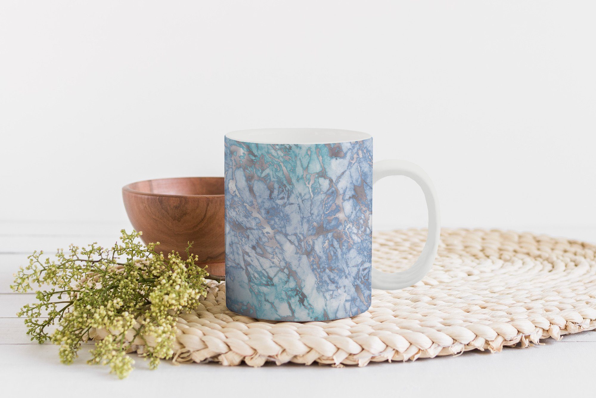 Blau Tasse - Geschenk Teetasse, Gemustert Keramik, - - Teetasse, MuchoWow Becher, Marmor, Silber Kaffeetassen,