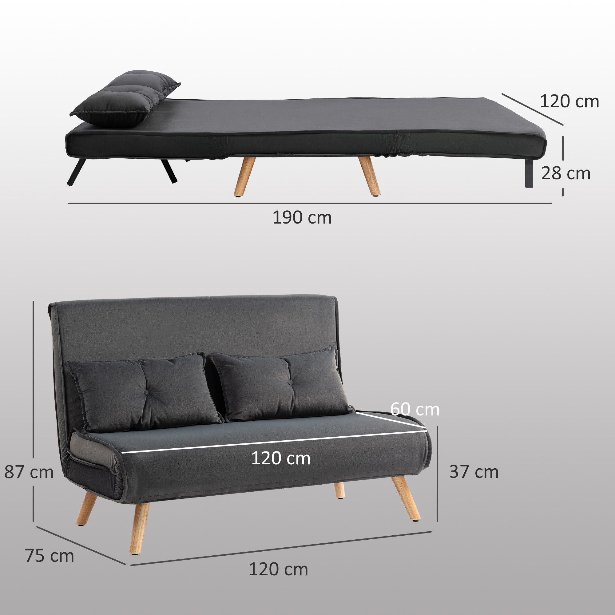 HOMCOM Schlafsofa 2 Sitzer Sofa mit 5-stufig Verstellbarer Rückenlehne, Lendenkissen, Schlafcouch 1 Teile, 190 x 120 cm, für Wohnzimmer, Dunkelgrau