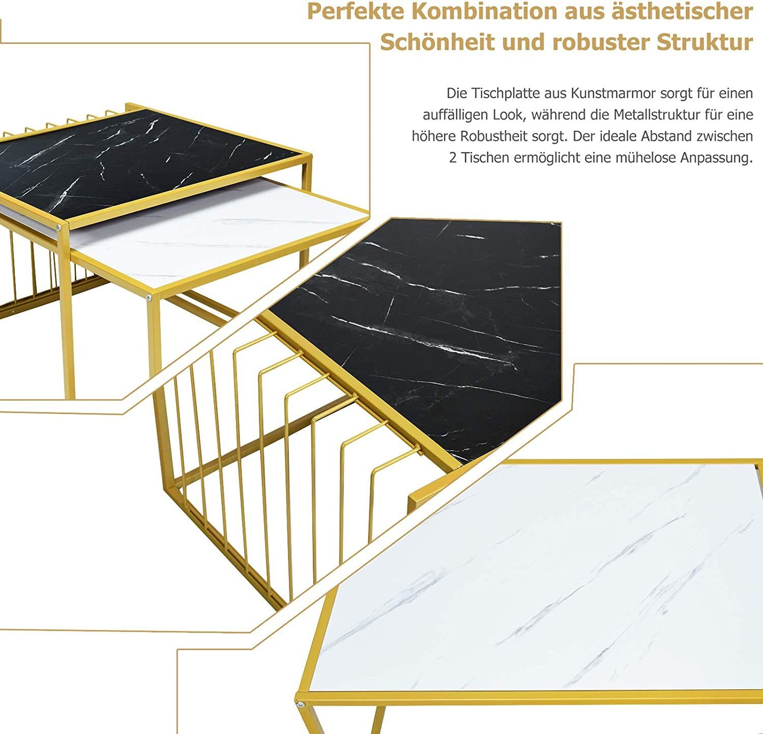 COSTWAY Beistelltisch (2-St., 2 Stücke), Metallstruktur Gold Marmor