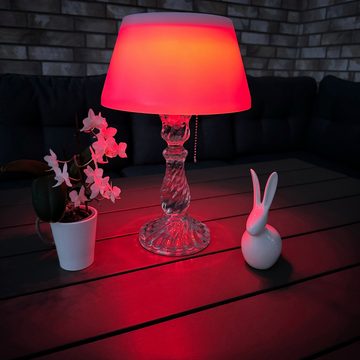 Online-Fuchs LED Außen-Tischleuchte Solar Tischlampe kabellos aus Glas für draußen, Outdoor, 10 LEDs, Warmweiß oder Farbwechsel wählbar, Akku über USB aufladbar