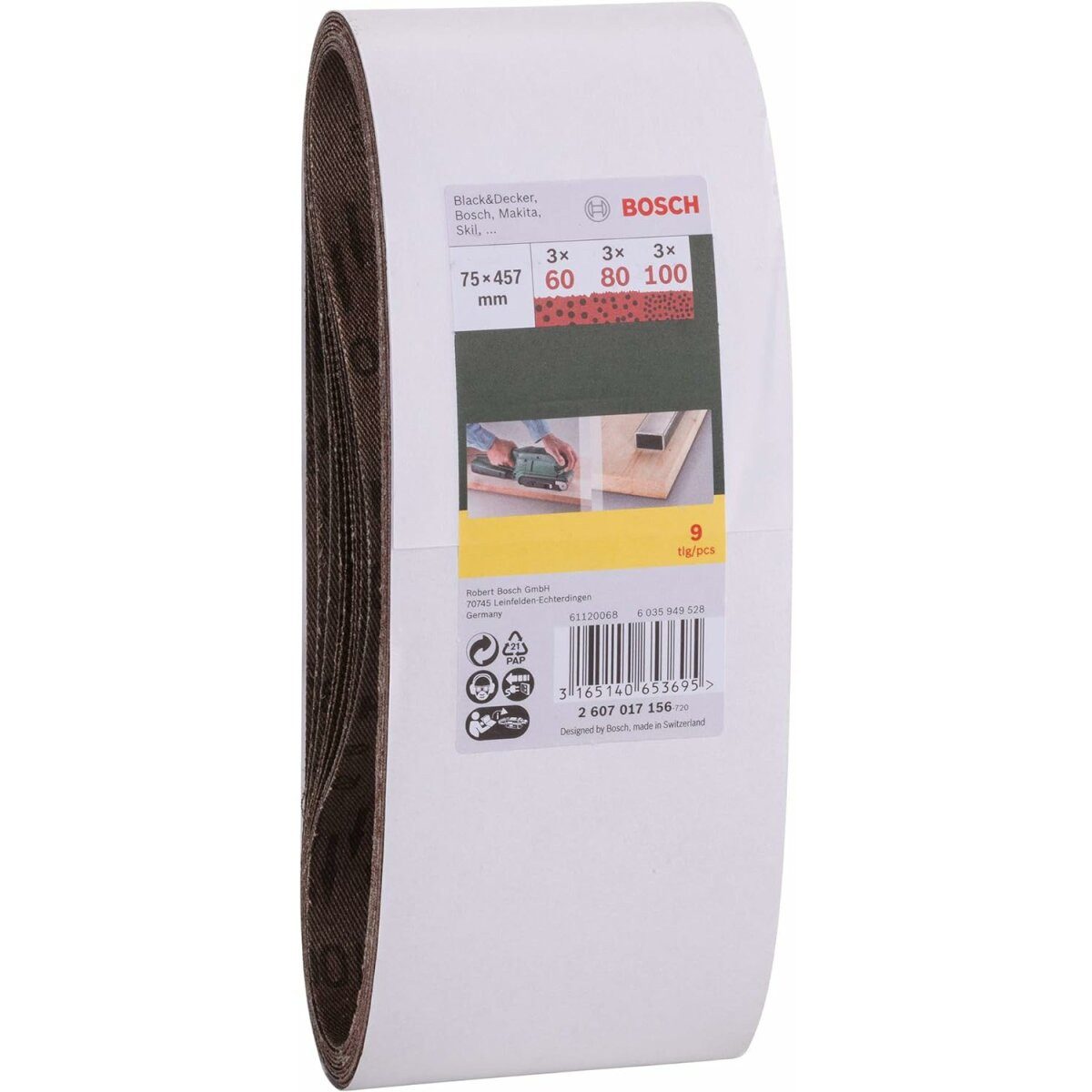 BOSCH Schleifpapier Schleifband 9 Stück, 75 x457 mm Körnung 60 80 100 für Bandschleifer