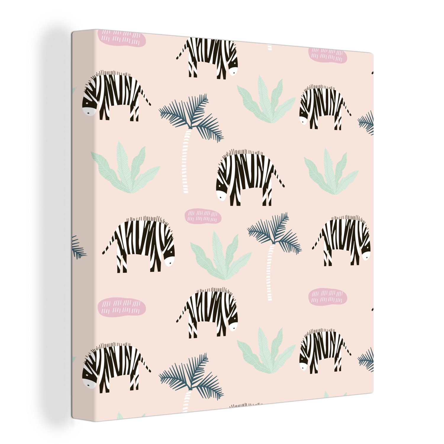 OneMillionCanvasses® Leinwandbild Zebra - Palme - Pastell - Muster, (1 St), Leinwand Bilder für Wohnzimmer Schlafzimmer