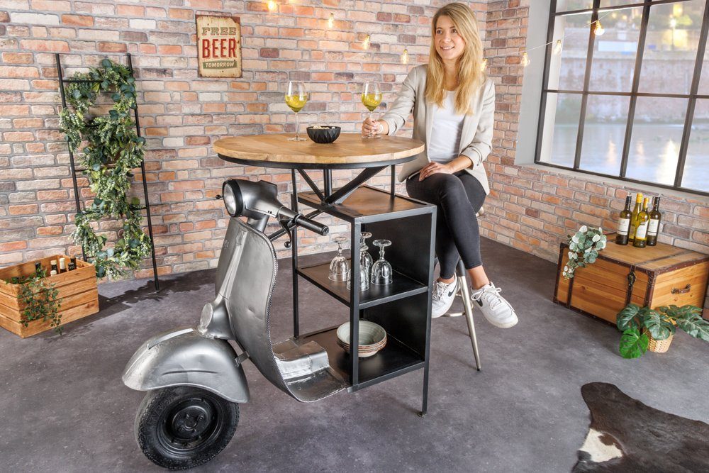 riess-ambiente Bartisch UPCYCLING SCOOTER 120cm natur / silber (Einzelartikel, 1-St), Wohnzimmer · Handmade · Massivholz · Metall · rund · Retro Design