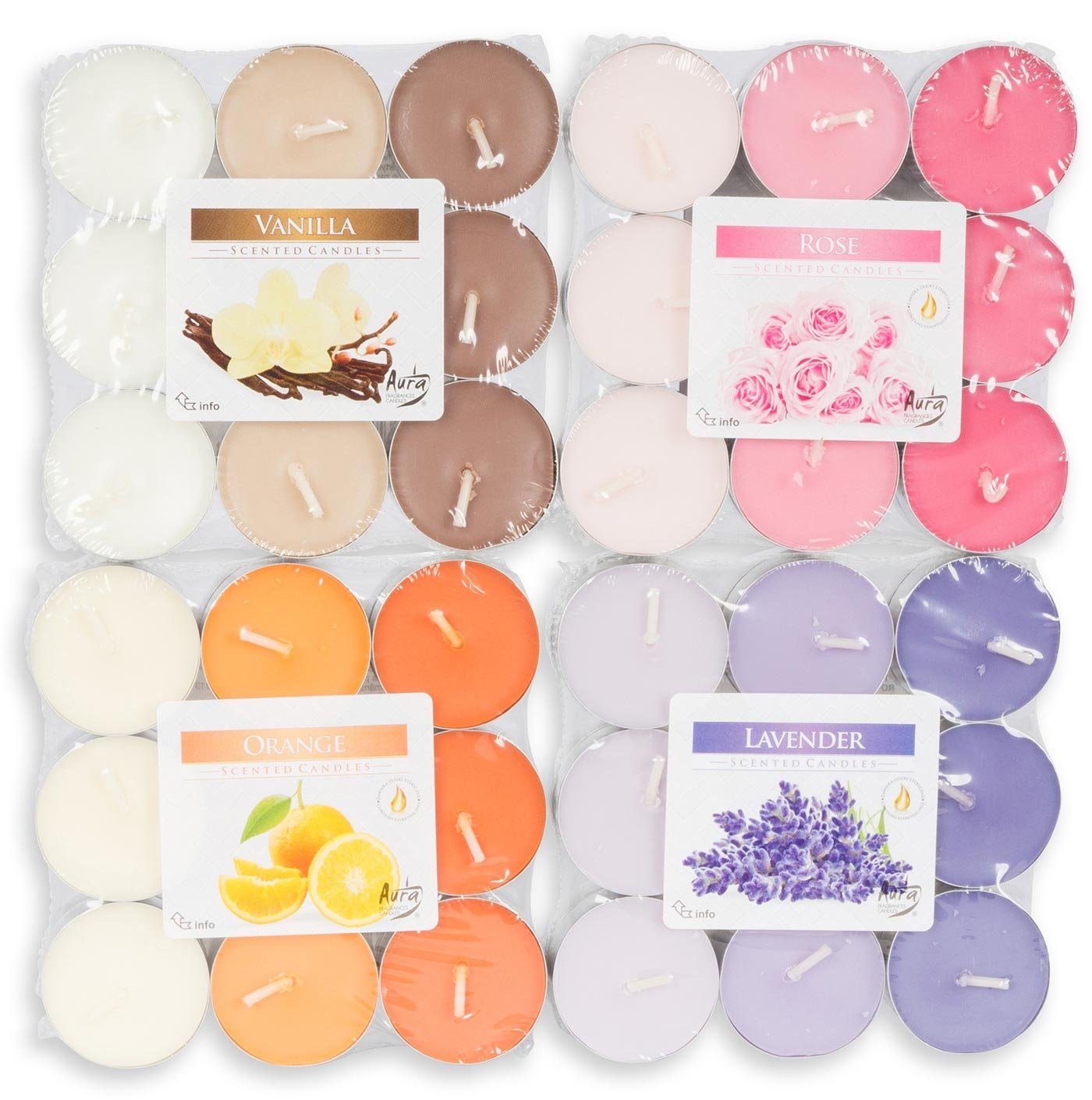 Levandeo® Duftkerze, 72 Kerzen 4x18 Stück Lavendel Rose Vanille Orange Duft günstig online kaufen