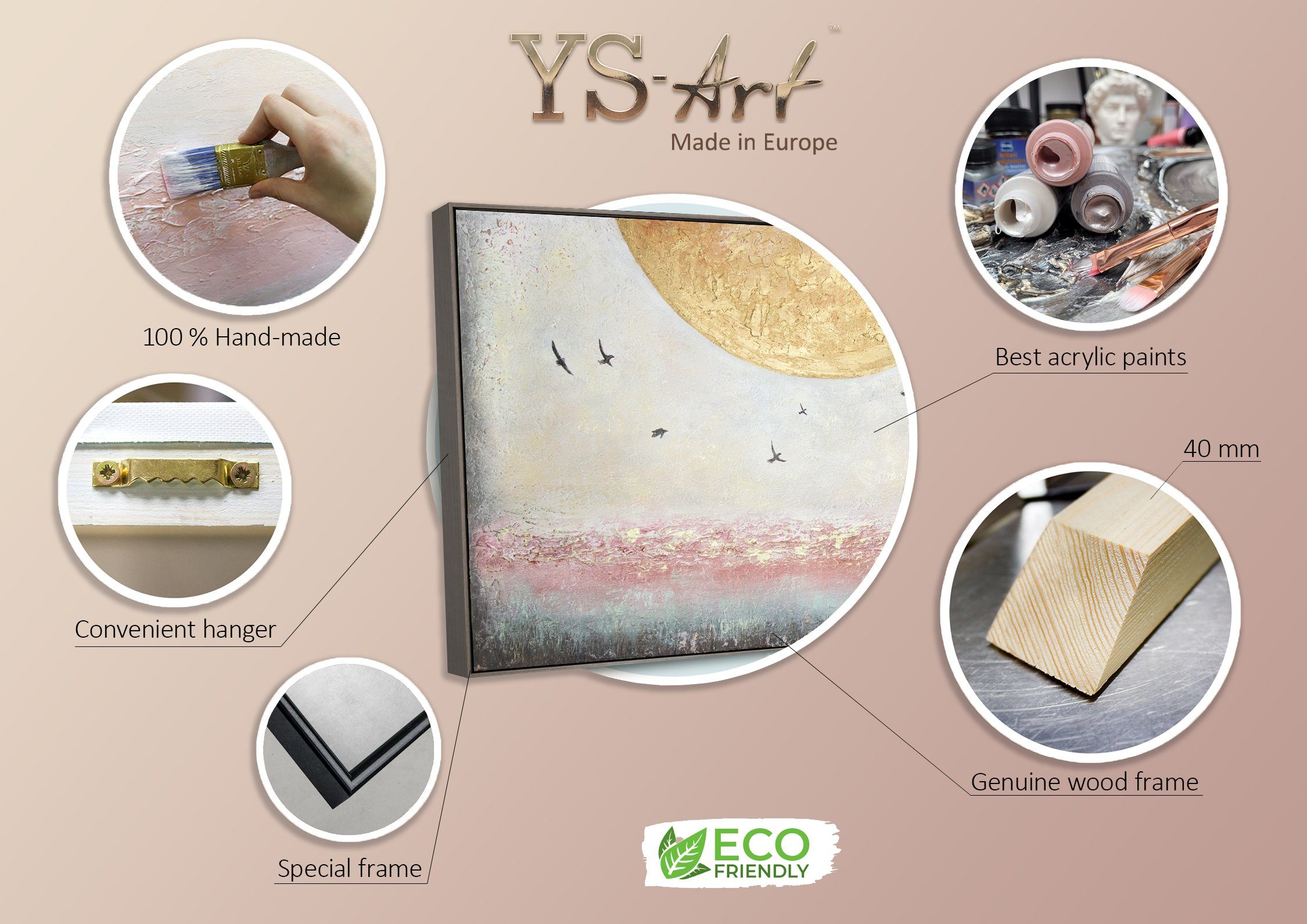 YS-Art Gemälde Handgemalt Vögel Grau Sonne Rahmen Gold Mit Süden Leinwand Bild in Landschaft, Sonnenenergie