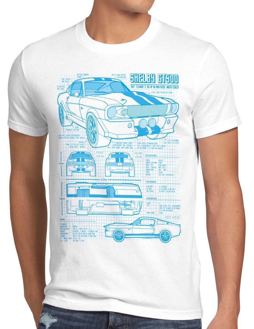style3 Print-Shirt Herren T-Shirt GT500 Eleanor mustang muscle car bullit shelby pony ford mc queen weiß