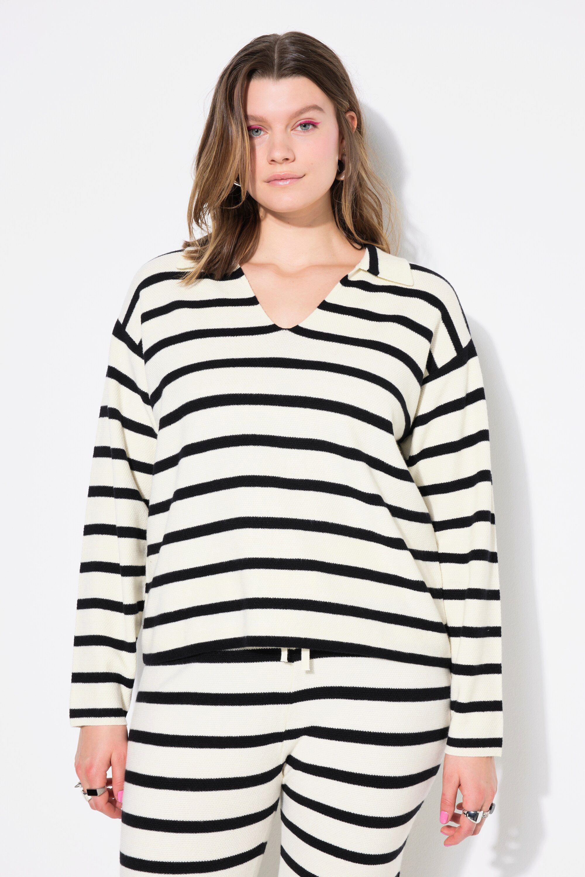 Strickpullover Polo-Pullover oversize Strukturstrick mit Ringeln