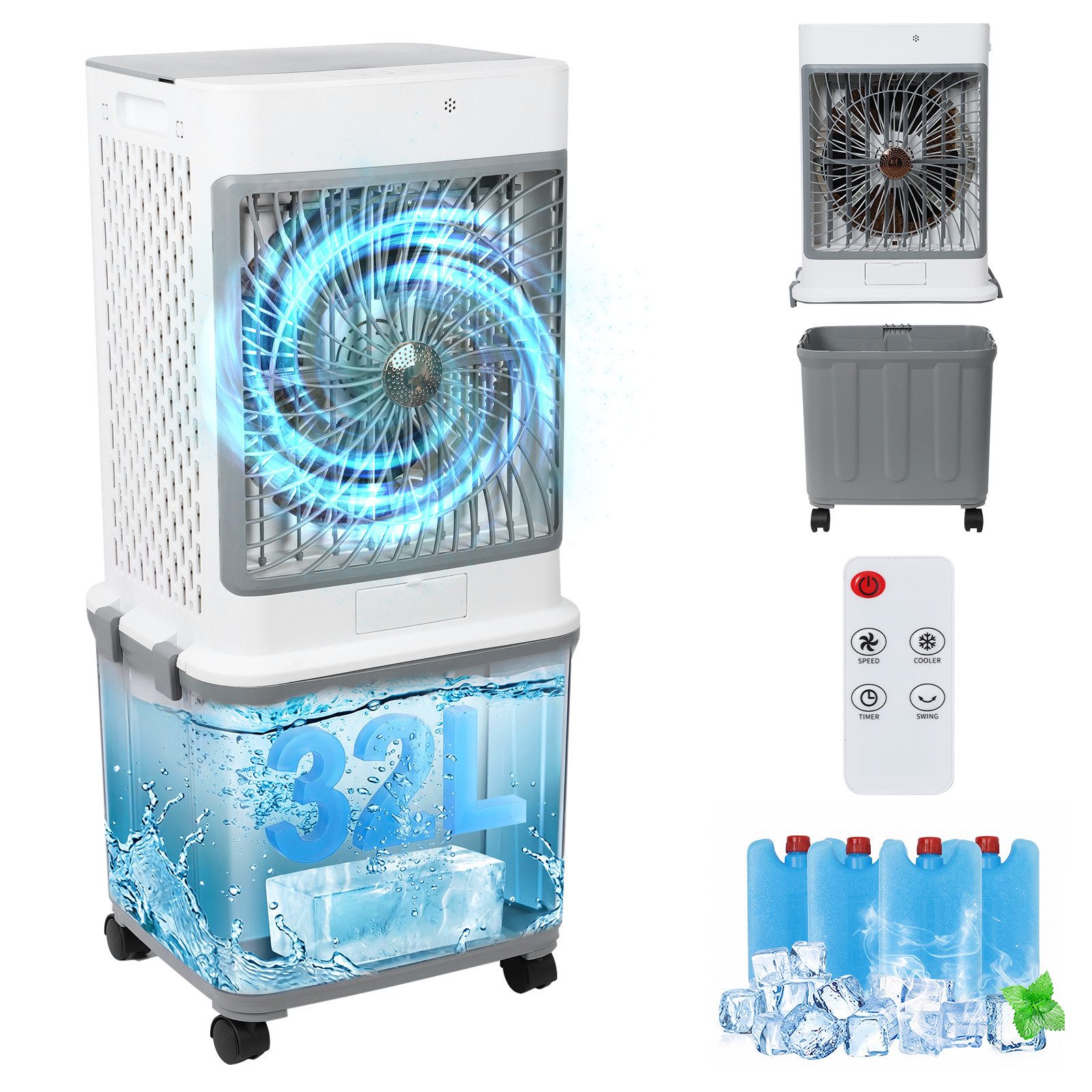 Sunicol Ventilatorkombigerät Mobiler Luftkühler mit Wasserkühlung, 32L Abnehmbar Wassertank, Timer, 70W Tischventilator Klimagerät mit Fernbedienung, 3 Geschwindigkeiten