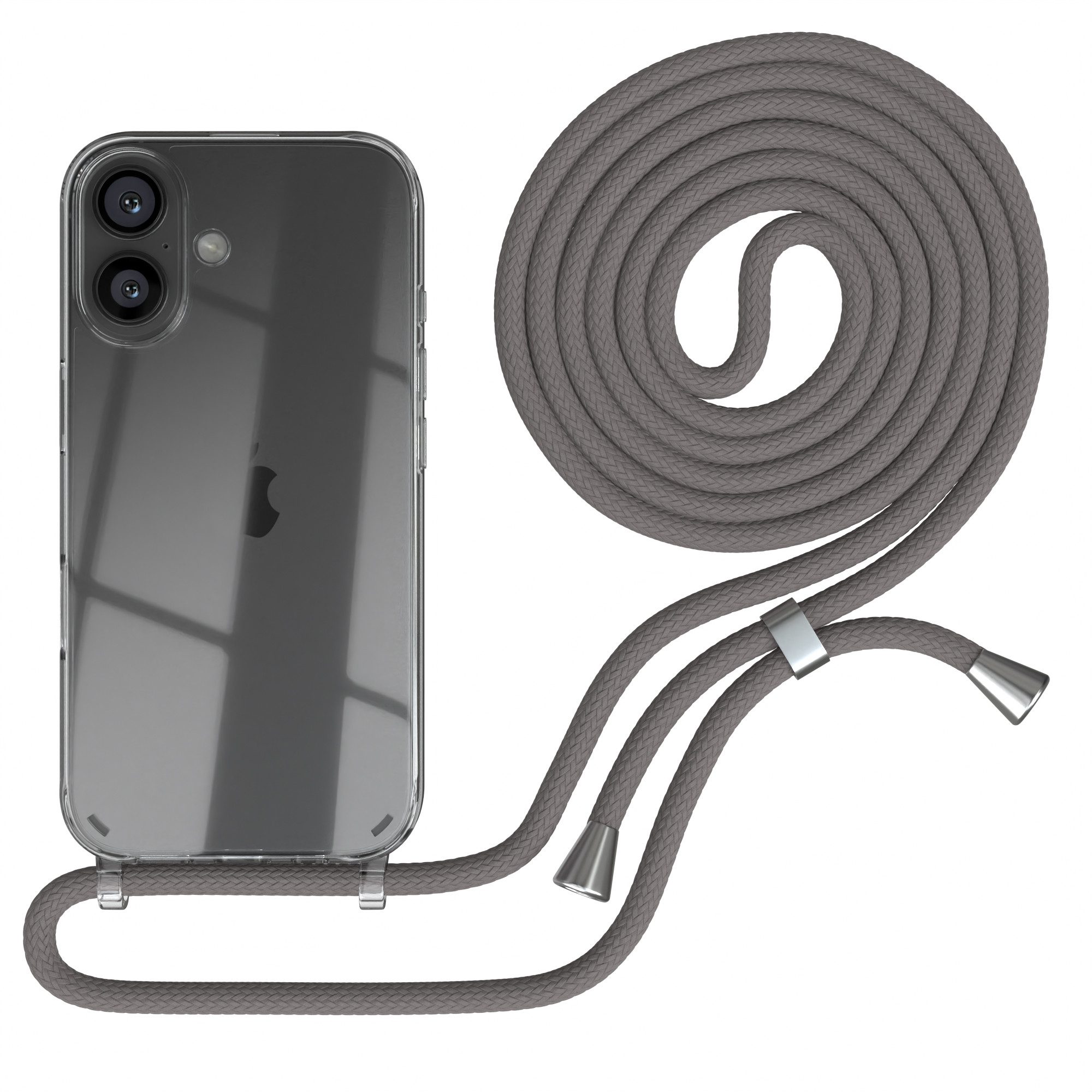 EAZY CASE Handykette Hülle mit Kette für Apple iPhone 16 6,1 Zoll, Slimcover Handykette Hülle mit Band Handykordel Clear Case Slim Grau