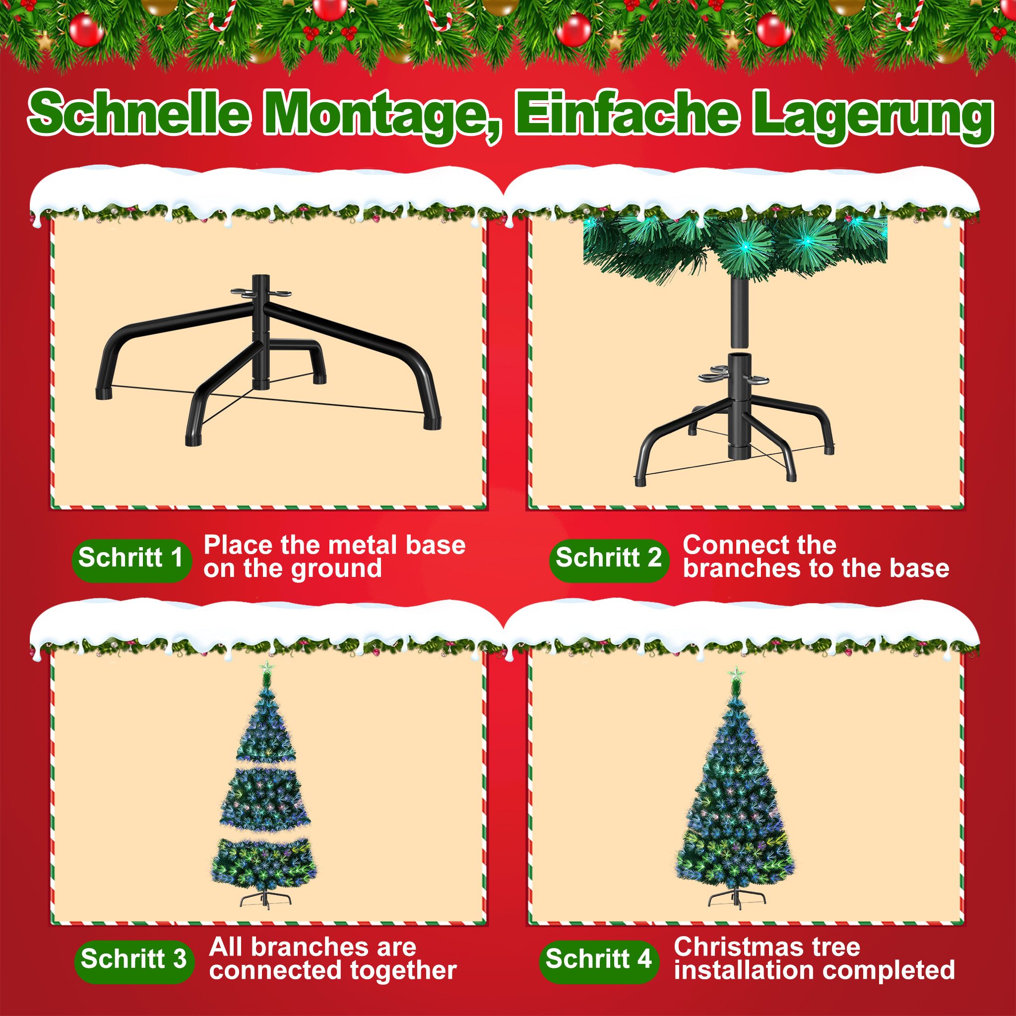 FIVMEN Künstlicher Weihnachtsbaum LED Glasfaser Weihnachtsdeko Christbaum aus PVC und Metall Ständer