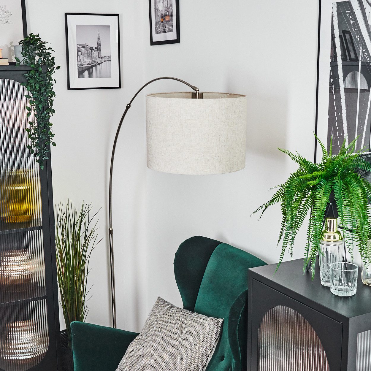 hofstein Bogenlampe Stehlampe mit Marmorfuß aus Metall/Stoff in Nickel/Schwarz/Beige/Weiß, verstellbare Stehleuchte im modernen Design, Ø 25 cm, Fußschalter, E27