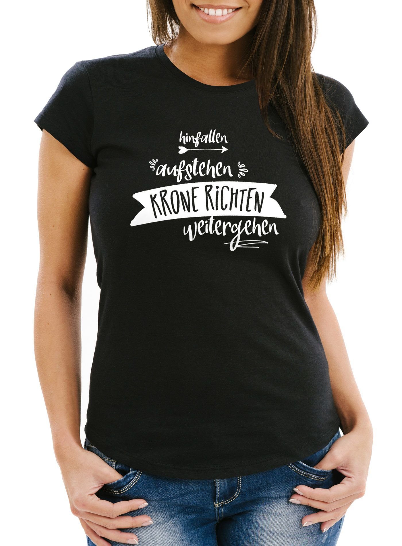 MoonWorks Print-Shirt Damen T-Shirt Spruch Hinfallen aufstehen Krone richten weitergehen Moonworks® mit Print
