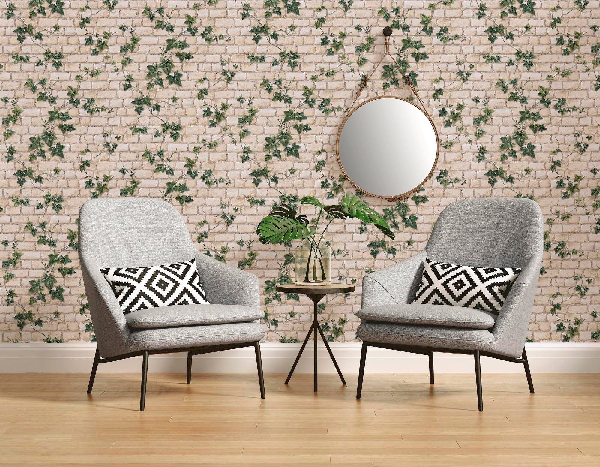 Bricoflor Steinwand Tapete mit Efeu Vintage Mauertapete in Creme und Grün a günstig online kaufen