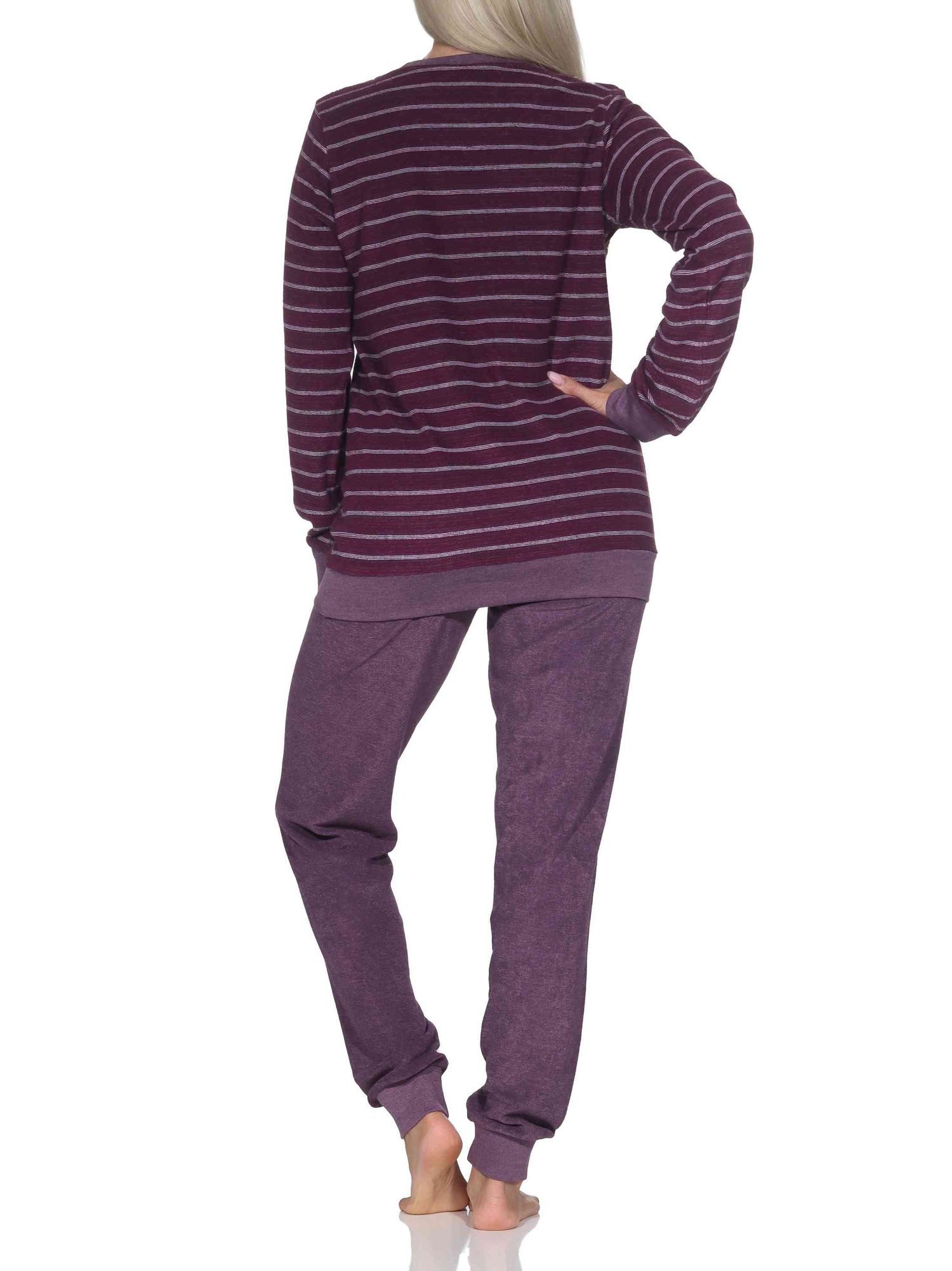 Normann Pyjama Damen Frottee Schlafanzug mit Bündchen in elegantem Streifendesign