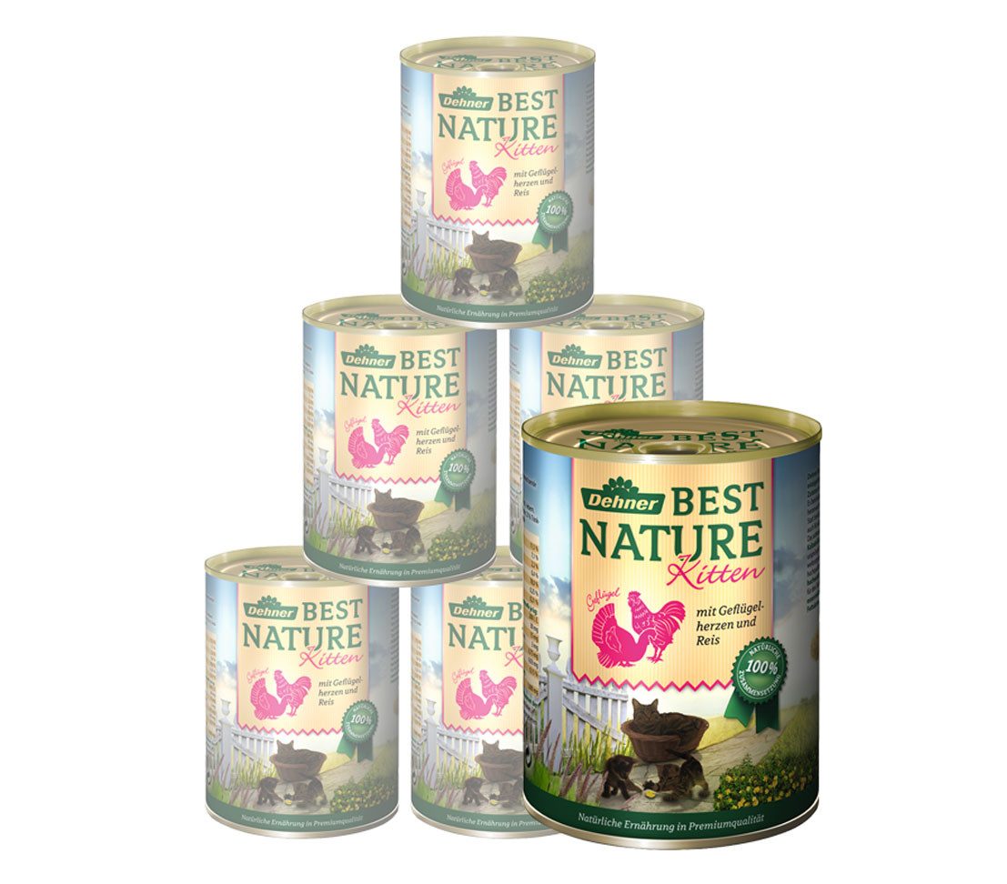Dehner Best Nature Kitten Geflügelherzen / Reis, 6 x 400 g Dose Geflügel, 2400g, Nassfutter für junge Katzen