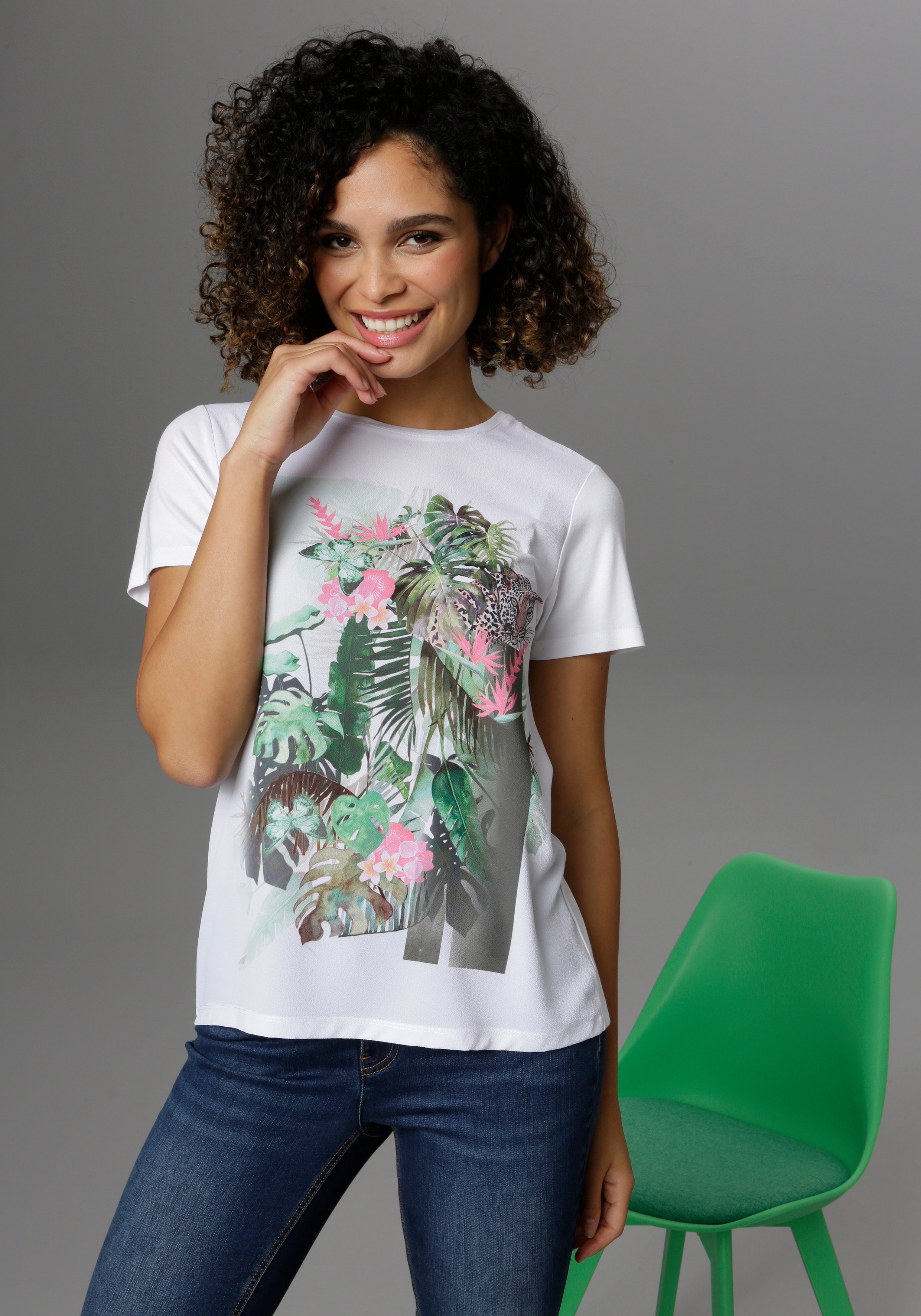 Damen Shirts Aniston CASUAL T-Shirt Frontdruck mit Dschungel-Motiv