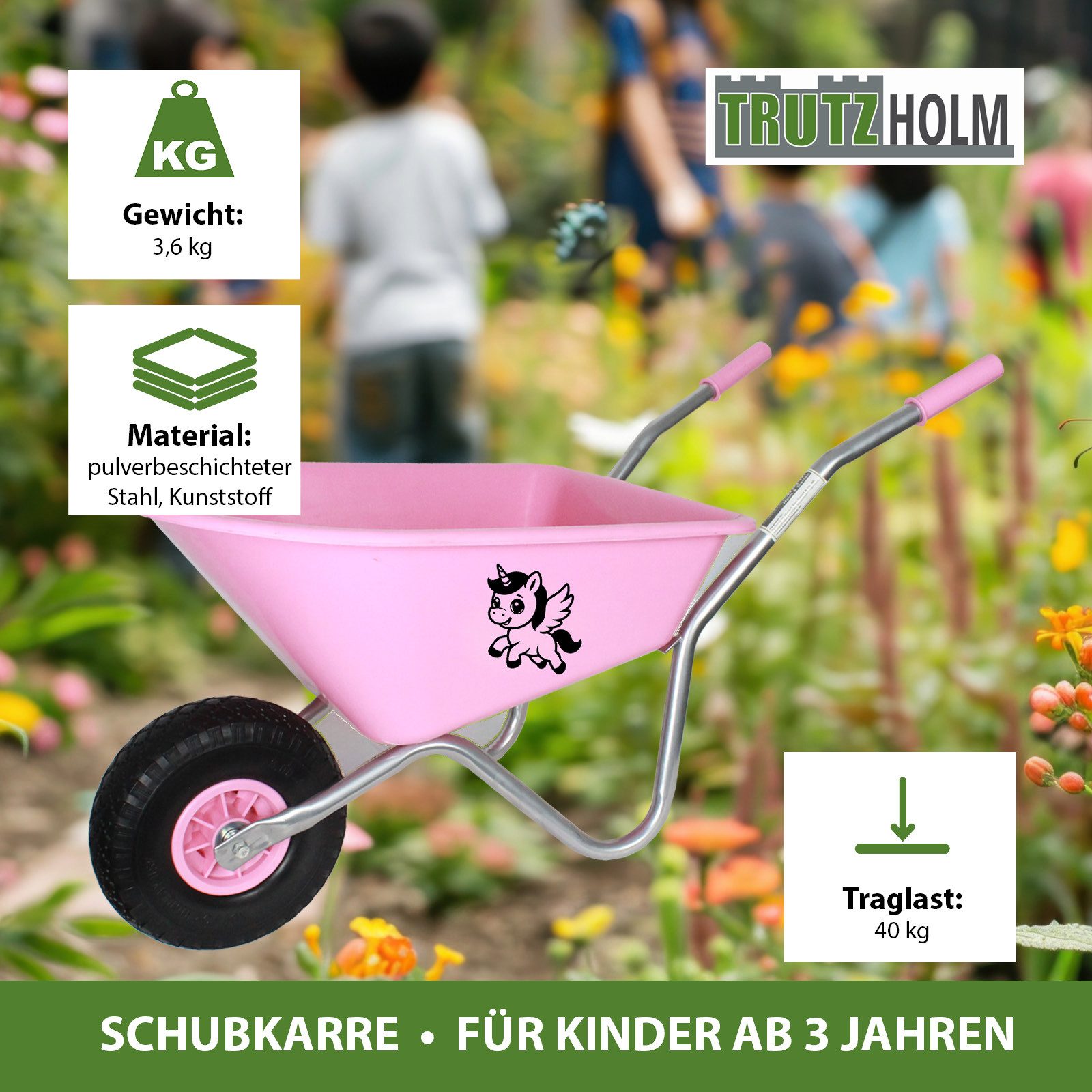 TRUTZHOLM Schubkarre Kinderschubkarre Einhorn Schiebkarre Metallschubkarre Gartenkarre
