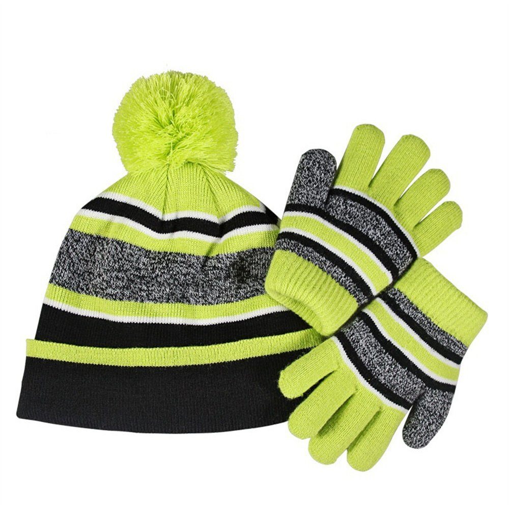Rouemi Bommelmütze Kindermütze und Handschuhe im Zweier-Set, wattiertes Winterset Grün