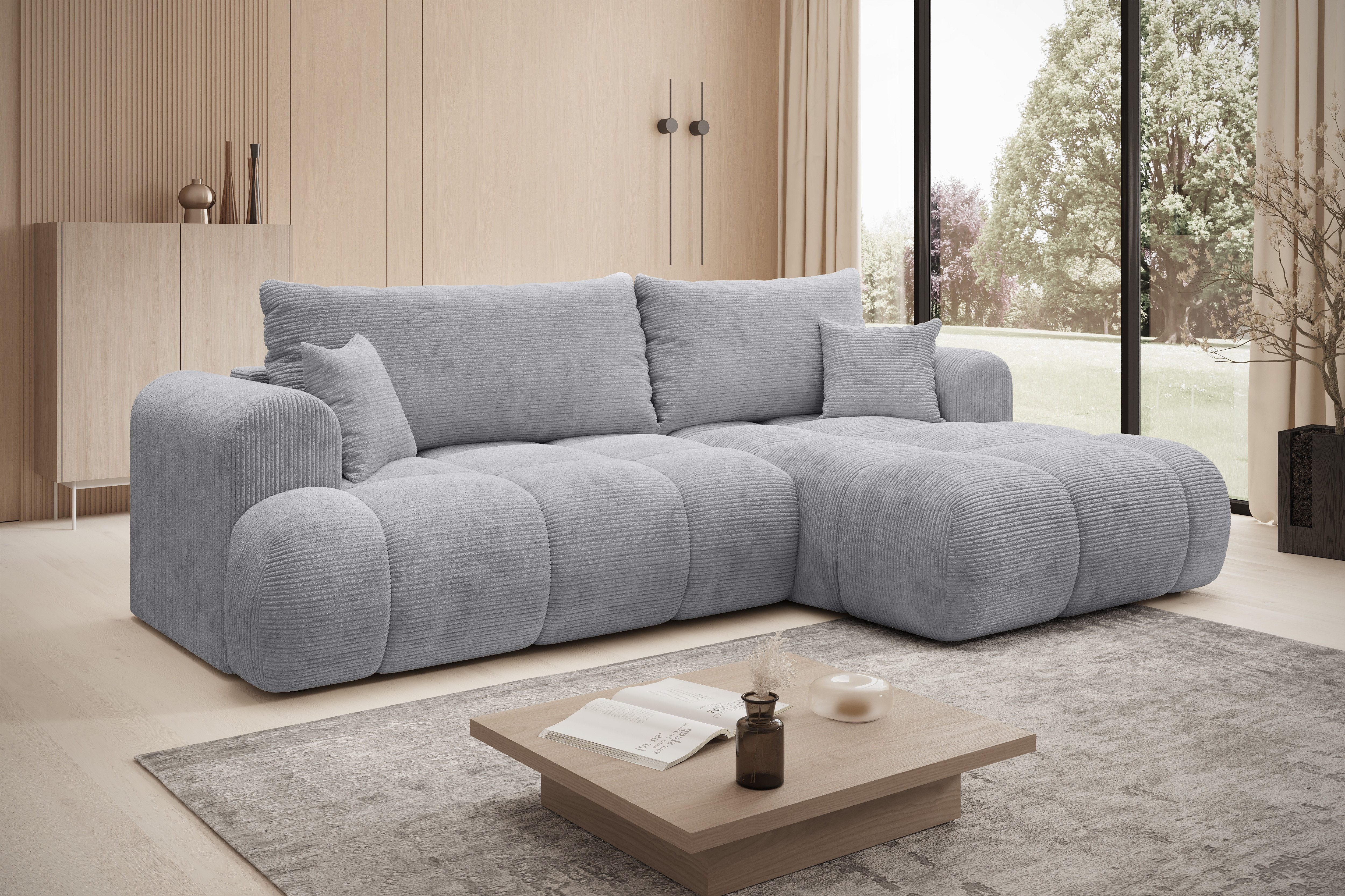 thematys Ecksofa TREVIO mit Schlaffunktion und Bettkasten, L-Form, Cord und Bouclé, 260 x 165cm - Luxus Couch mit Bettfunktion mit Bonnellfedern + 2 Kissen – Bild 2 von 5