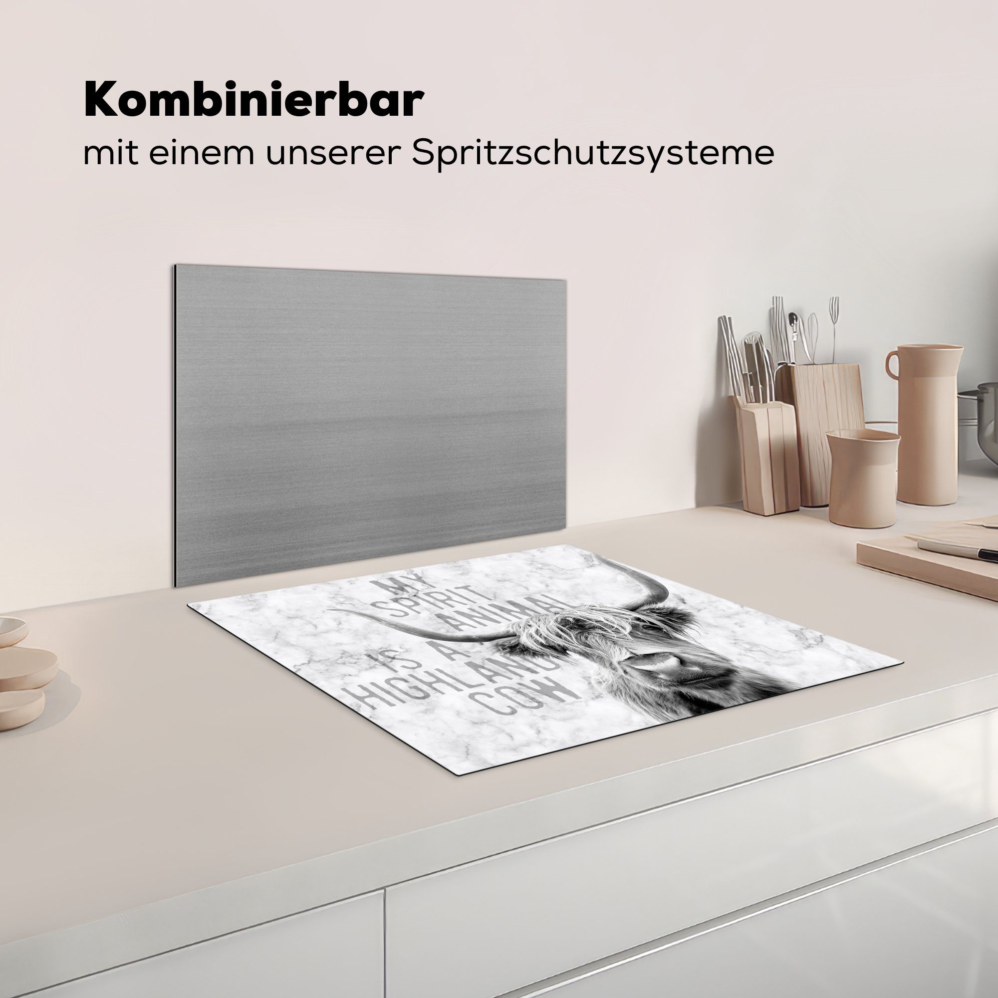 MuchoWow Herdblende-/Abdeckplatte küche, Vinyl, Ceranfeldabdeckung (1 Highlander, 59x52 - - cm, tlg), Zitat für Schottischer die Marmor Induktionsmatte