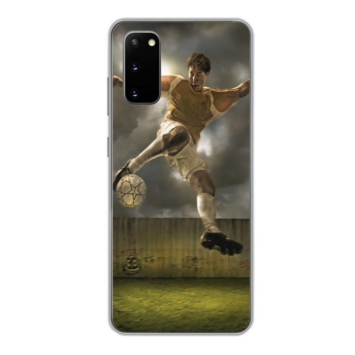 MuchoWow Handyhülle Eine Illustration eines Fußballspielers der den Ball schießt - Jungen Phone Case Handyhülle Samsung Galaxy S20 Silikon Schutzhülle