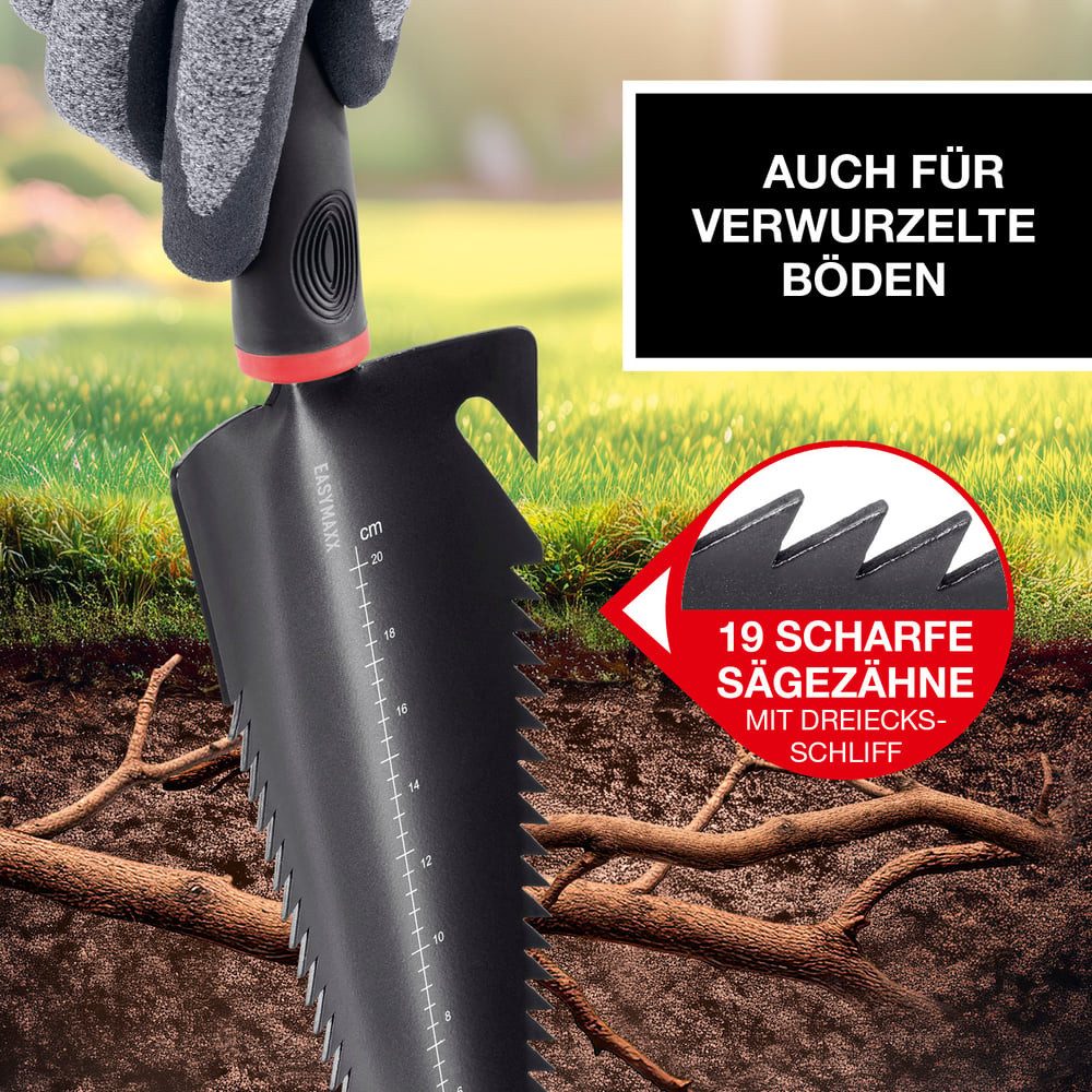 EASYmaxx Spaten Multifunktions-Wurzelschaufel 37cm schwarz/rot 4 in1, (1-St), 4 in 1 Multifunktions-Wurzelschaufel inkl. Schaufel, Tiefenmesser etc.