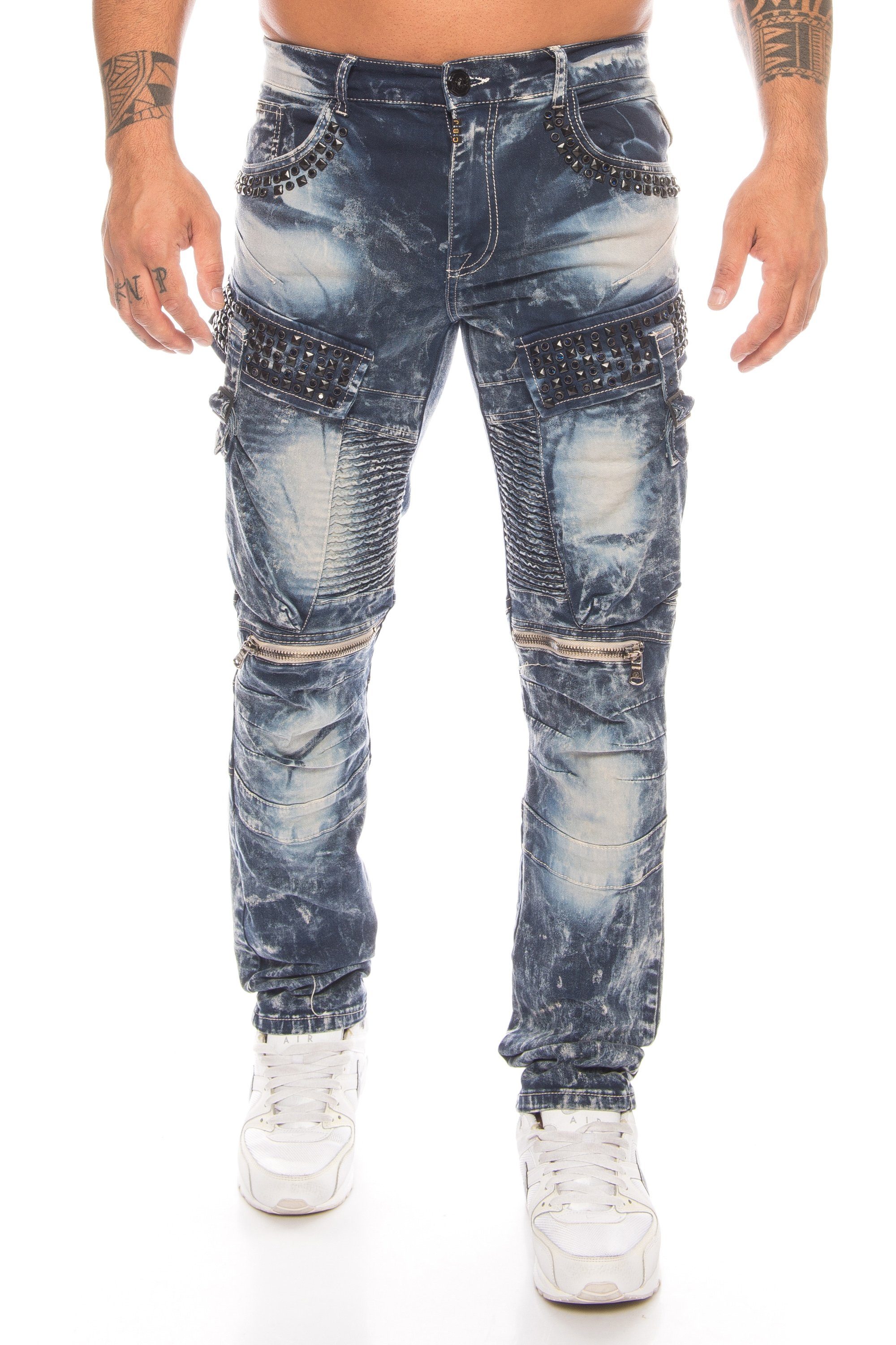 Cipo & Baxx Batik Strasssteinen stylischer Jeanshose Blau Cargo Zierreißverschlüssen Slim-fit-Jeans Jeans mit Herren Waschung und mit Hose