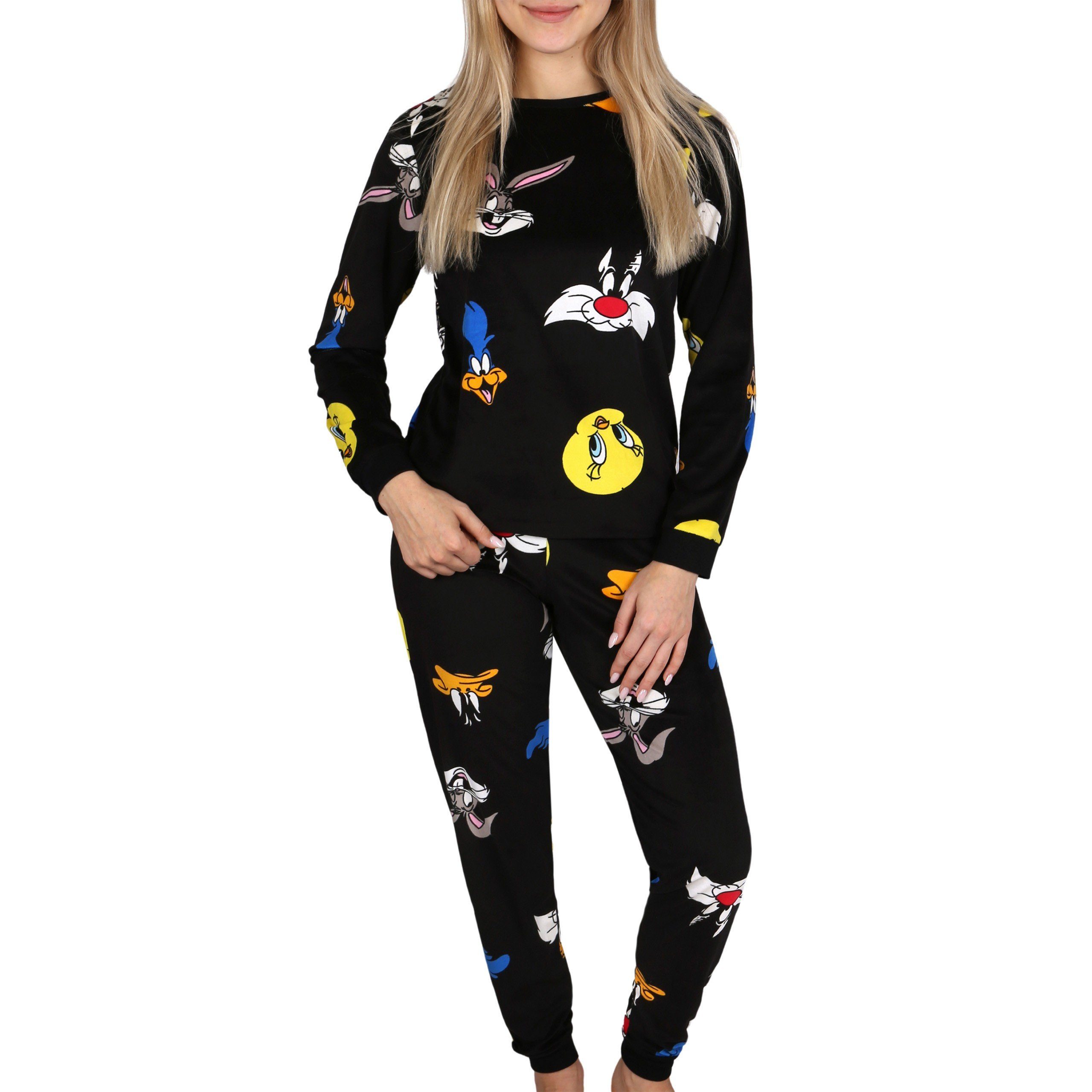 Schlafanzug Looney Melodies Damen Schlafanzug schwarz, langärmelig, zweiteilig XXS