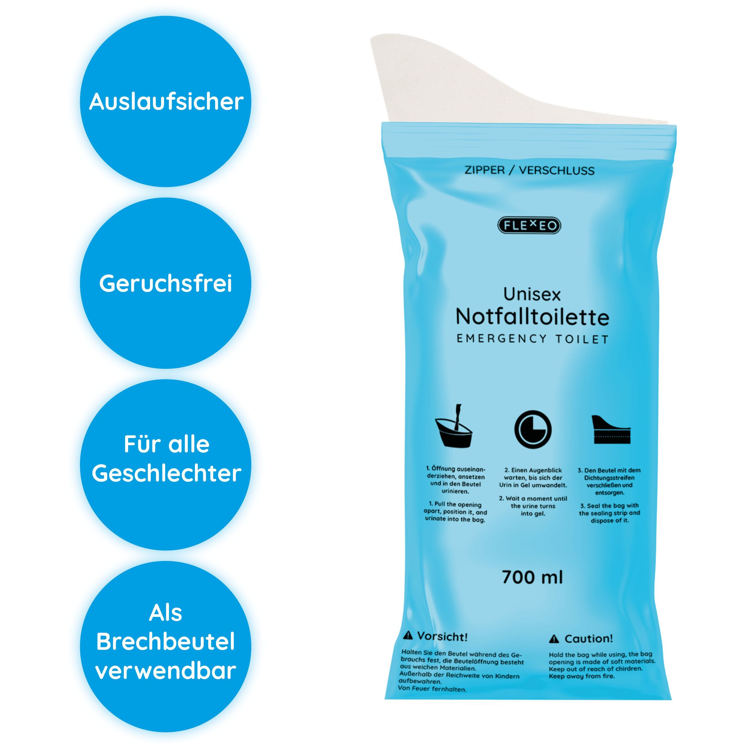 FLEXEO Campingtoilette Notfalltoilette, (5-St), Pinkelbeutel Einweg-Urinbeutel für Reisen Festivals Wandern