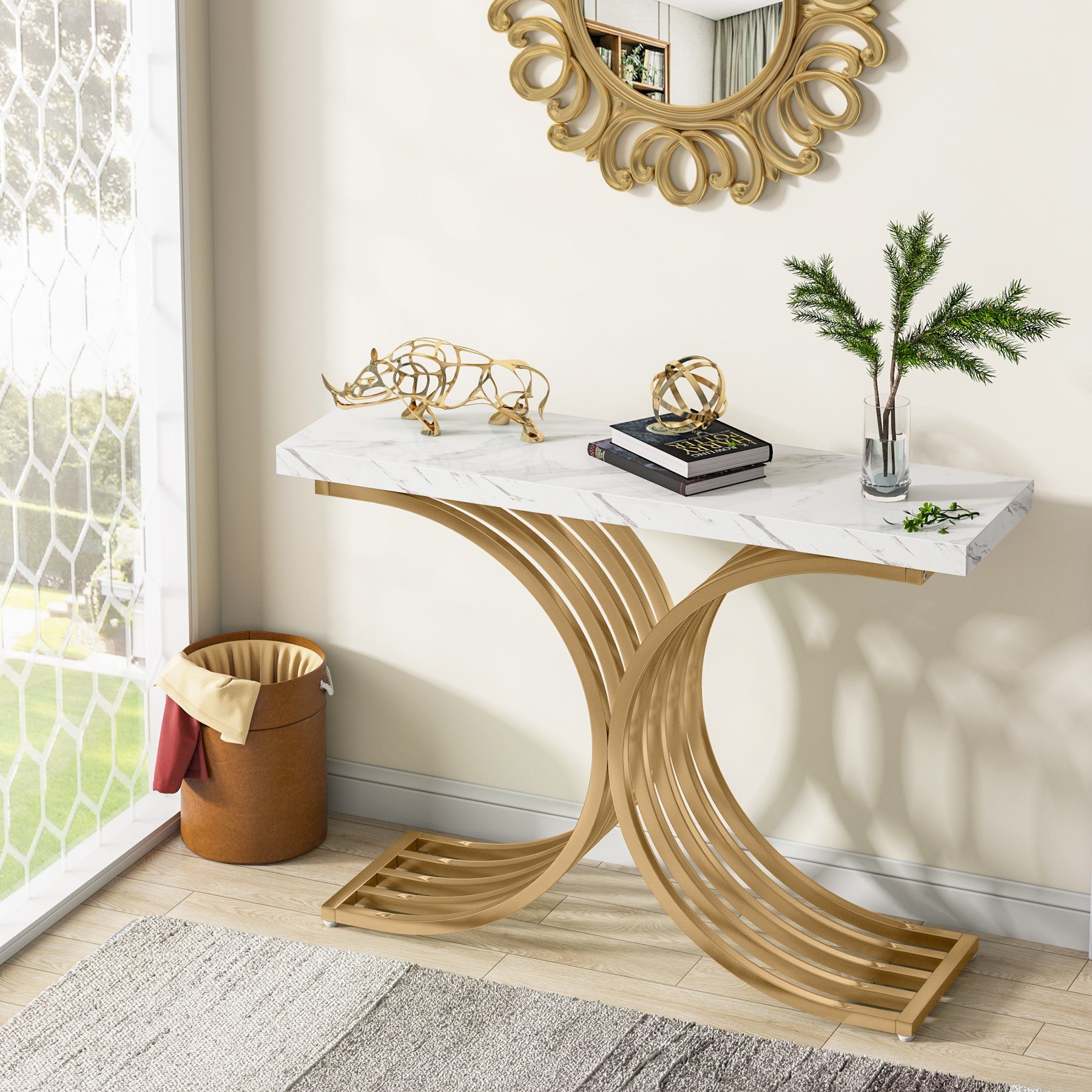 Tribesigns Konsolentisch 100 x 30 x 80 cm Schmal Flurtisch,Beistelltisch mit Gold Metallgestell (Weiß und Gold / Schwarz und Gold), Kleiner Ausstellungstisch, S – Bild 4 von 5