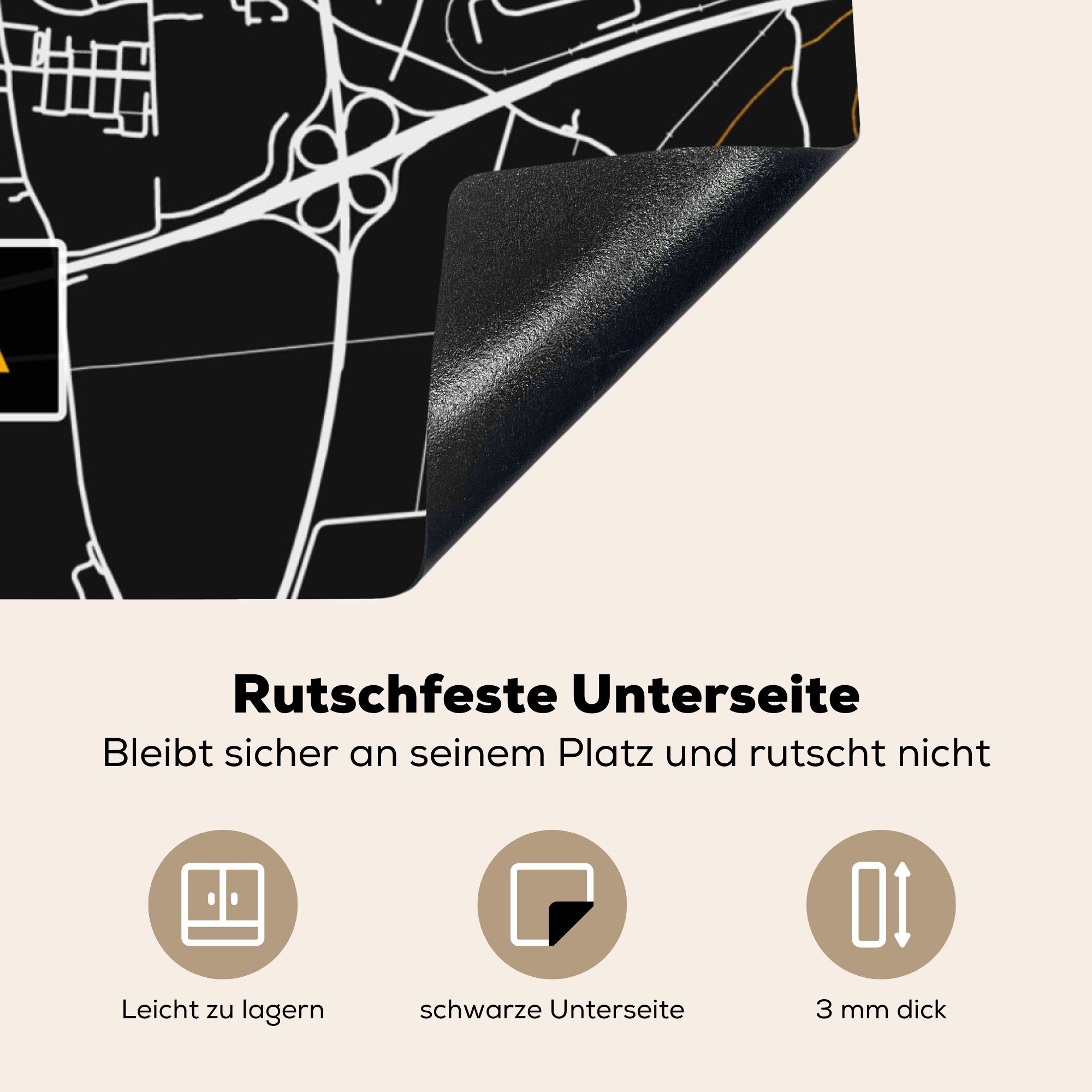 MuchoWow Herdblende-/Abdeckplatte für Ceranfeldabdeckung, (1 cm, Arbeitsplatte Deutschland küche Gold Vinyl, - Schwarz und Stadtplan - Unna 78x78 tlg), - - Karte