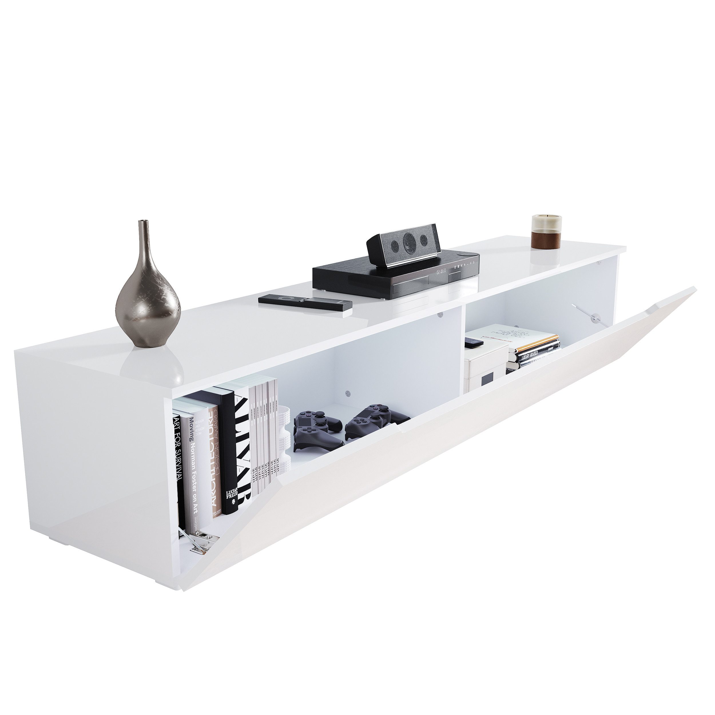 SONNI TV-Schrank Ein weißer, hängender TV-Schrank mit LED-Lichteffekten.160/180x35x30cm